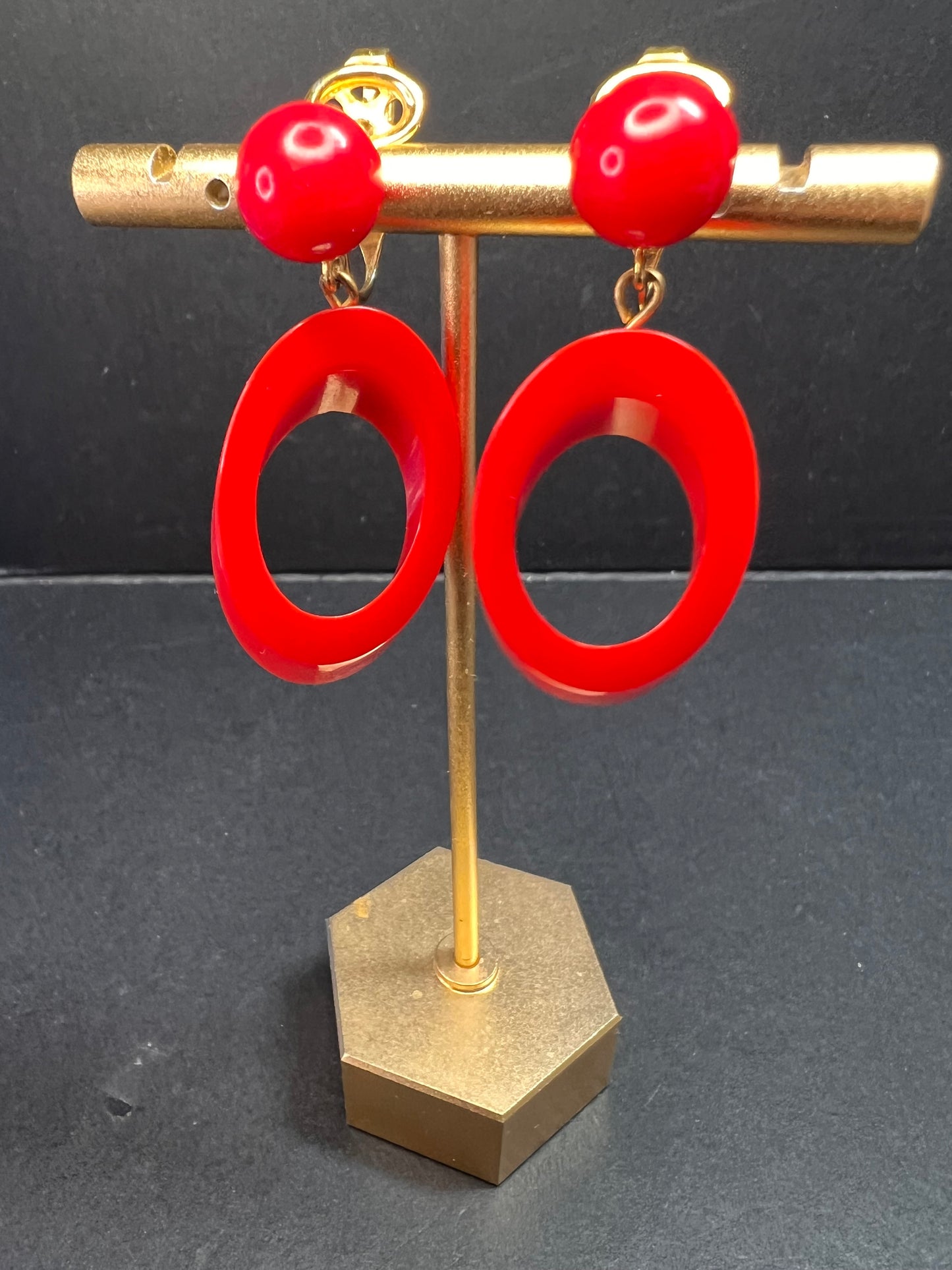Vintage Trifari red lucite hoop clip on earrings