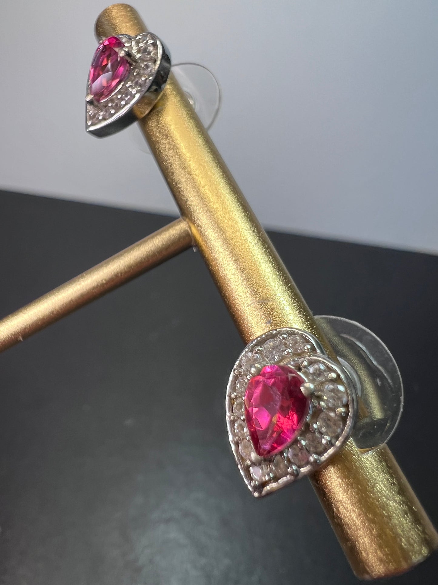 Pink spinel and white topaz silver stud earrings