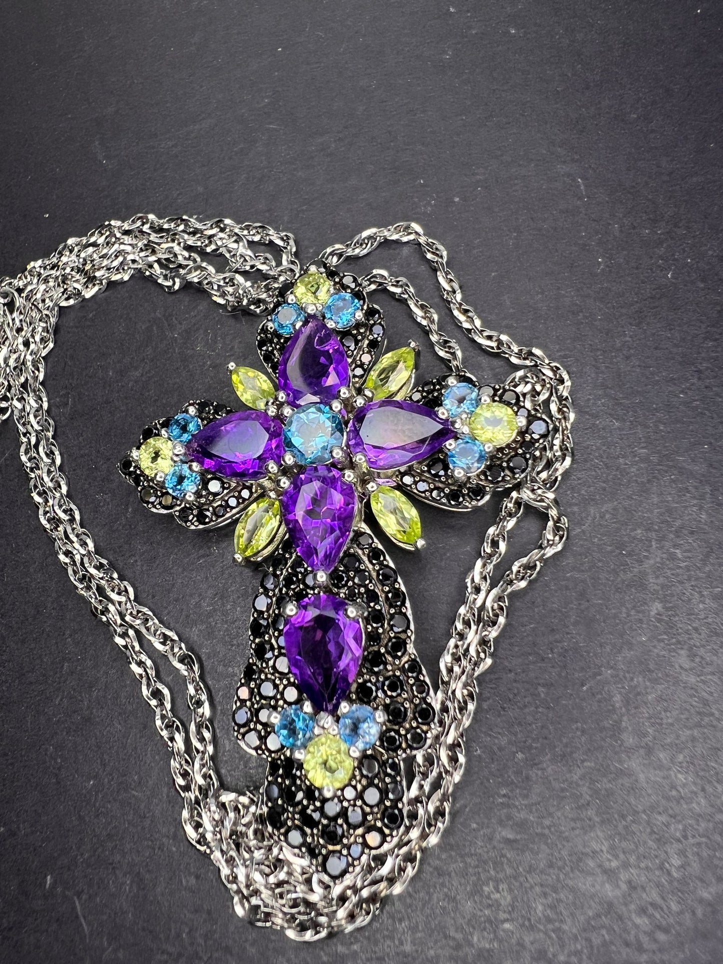 Multi-Gem Rhodium Over Sterling Silver Cross Pendant With Chain 10.95ctw