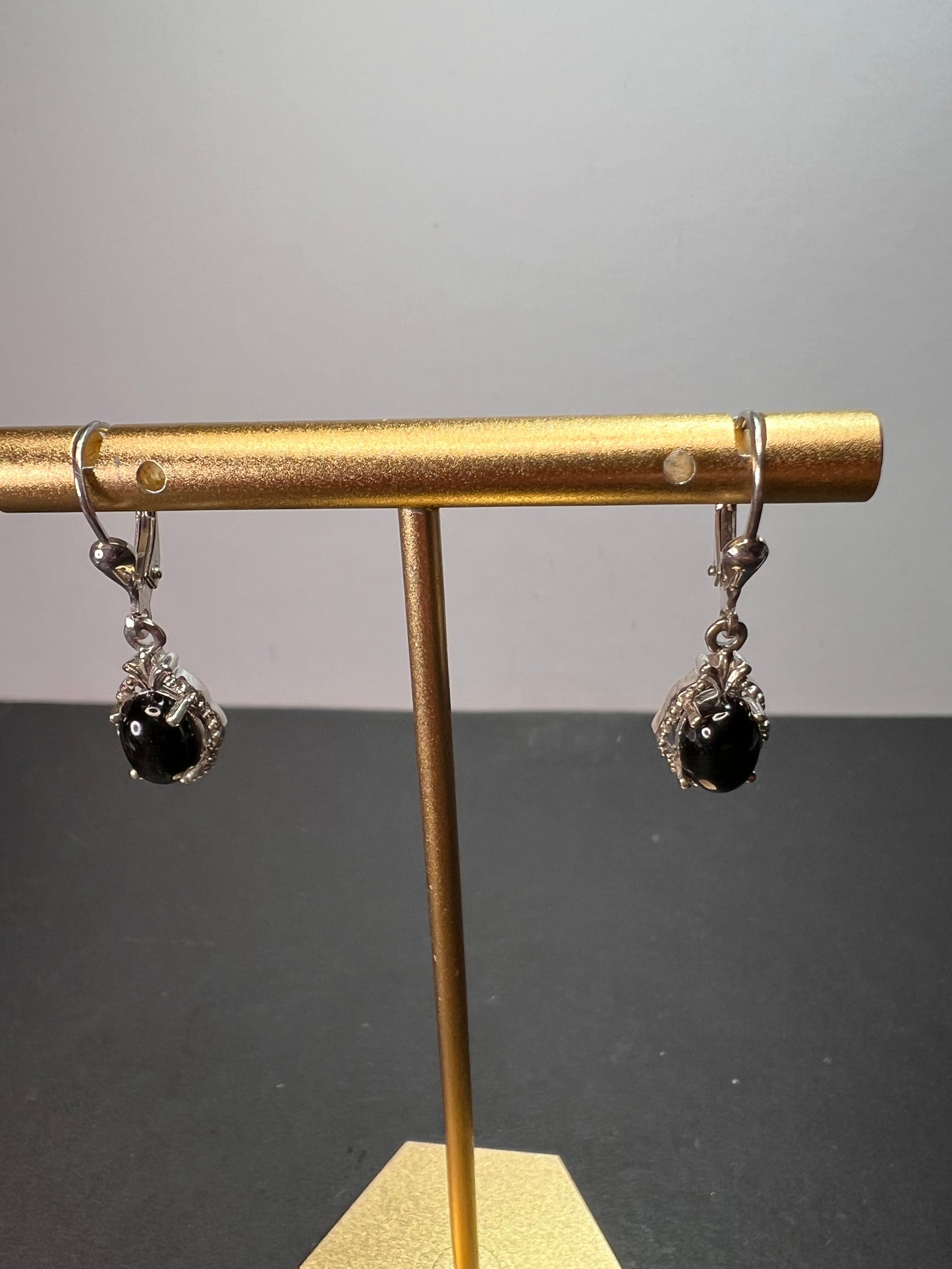 Black star sapphire sterling silver leverback earrings