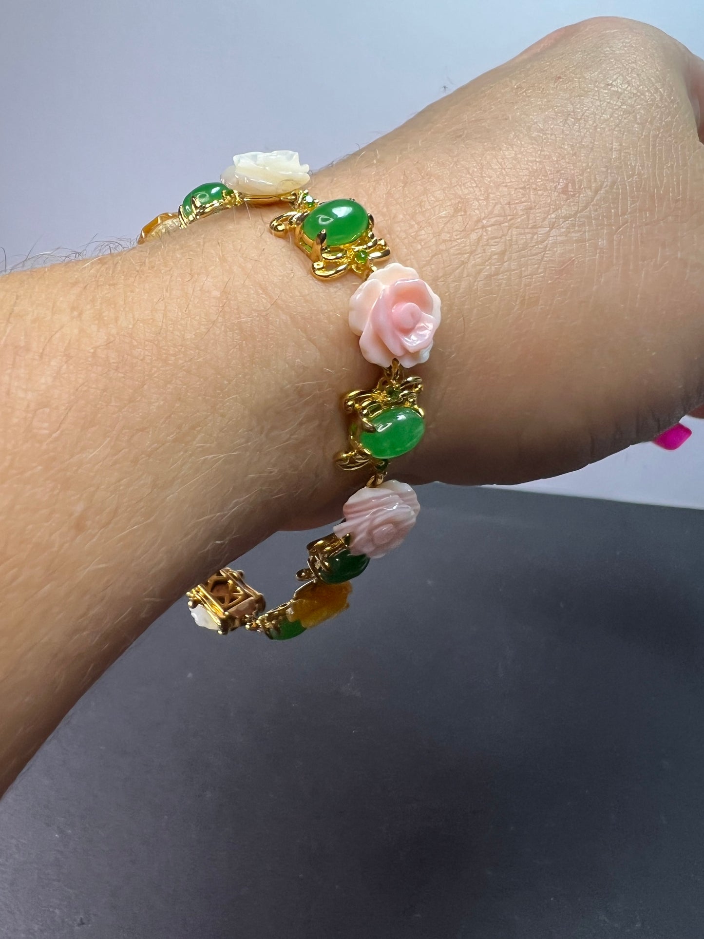 Mother of pearl roses , jade and chrome diopside bracelet in gold over sterling silver 7.5 inches