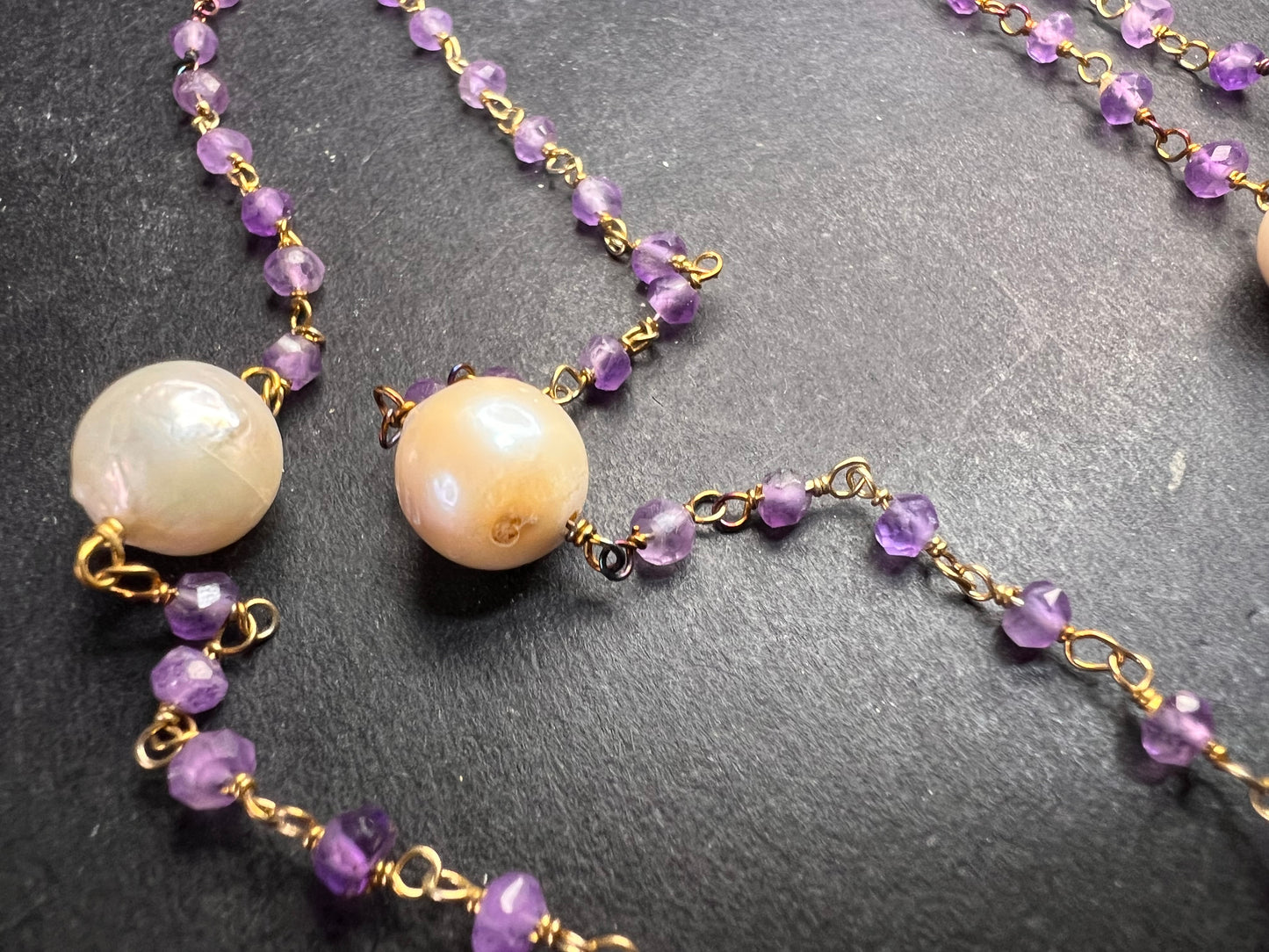 Amethyst and pearl 30 inch station necklace in sterling silver