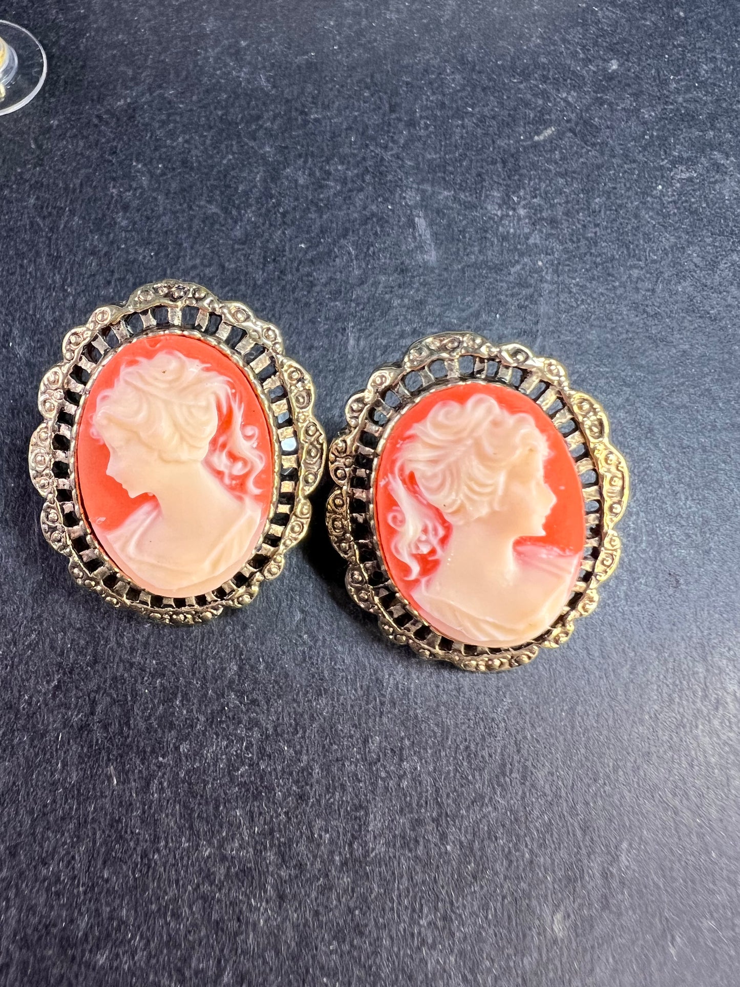 Vintage Carved Shell Cameo Stud Earrings Gold Tone Victorian Revival