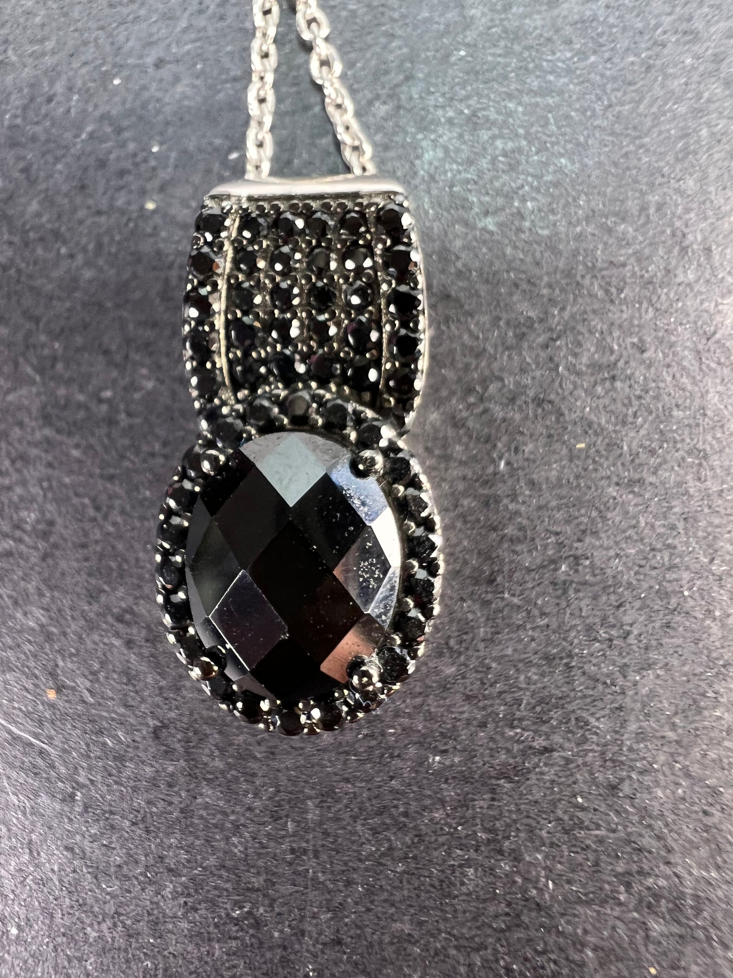 Black spinel pendant and chain necklace in rhodium over sterling silver