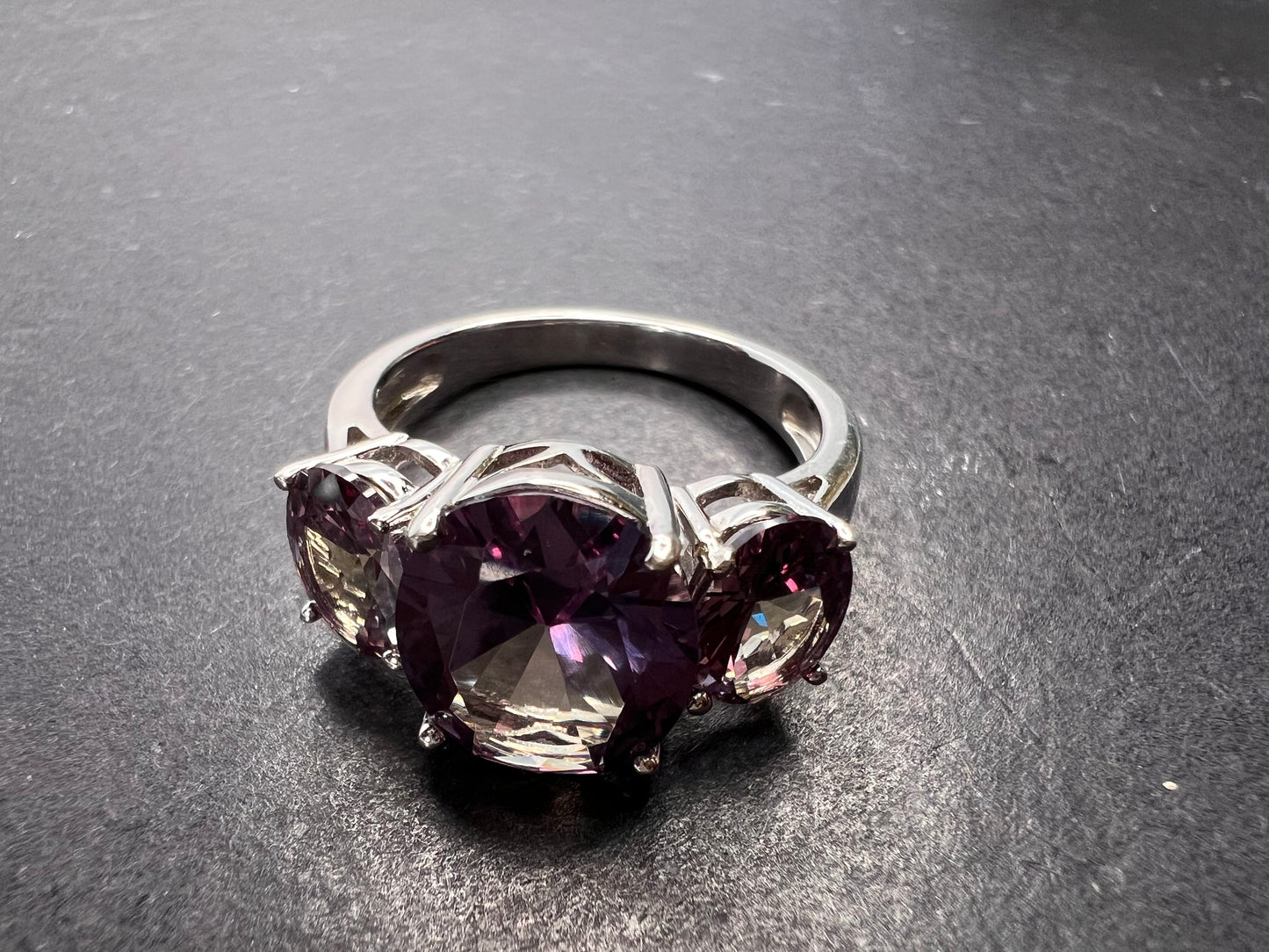 Lab created alexandrite trilogy ring in rhodium over sterling silver size 9