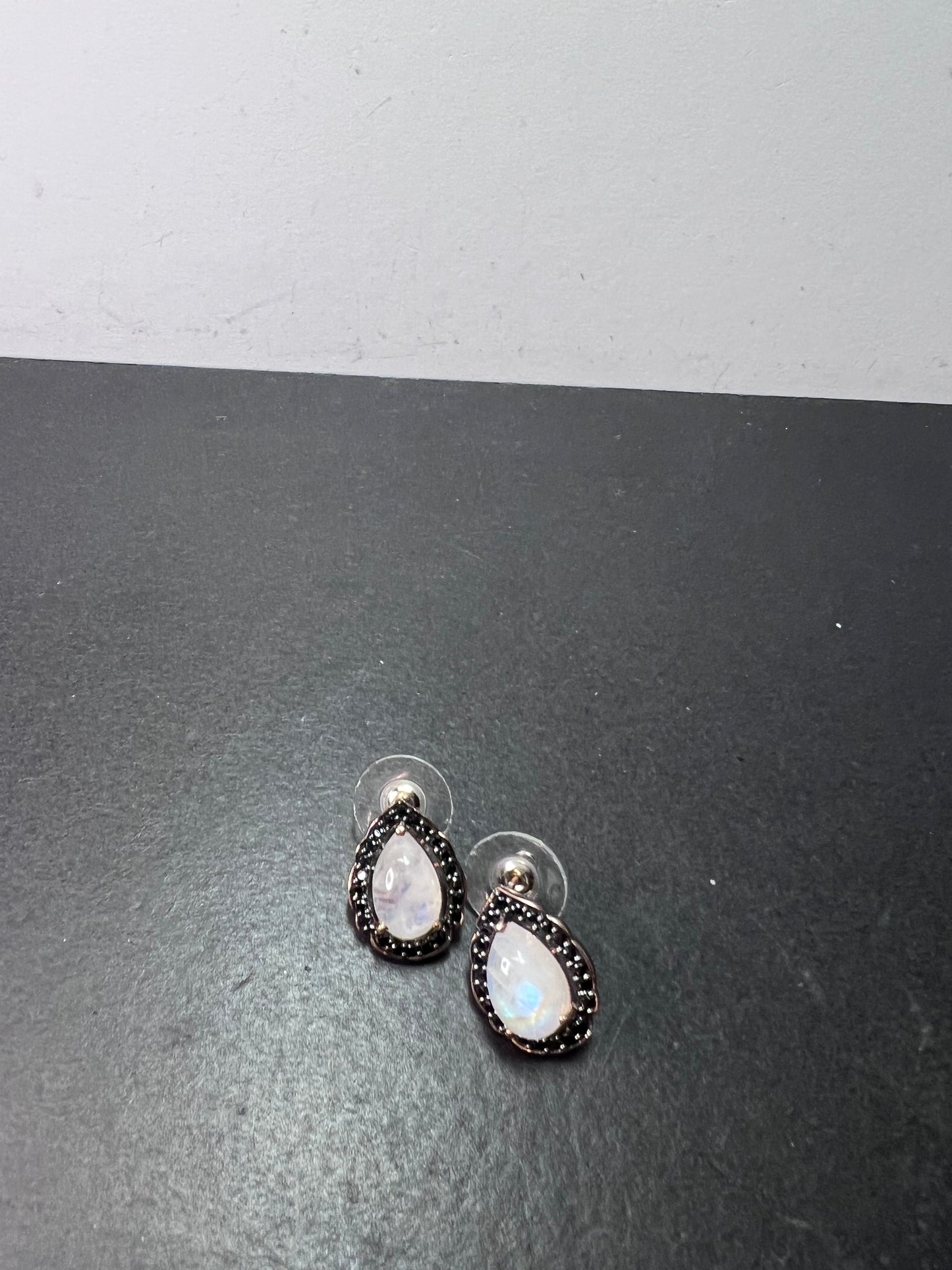 Rainbow moonstone and black spinel tear drop stud halo earrings in rose gold over sterling silver