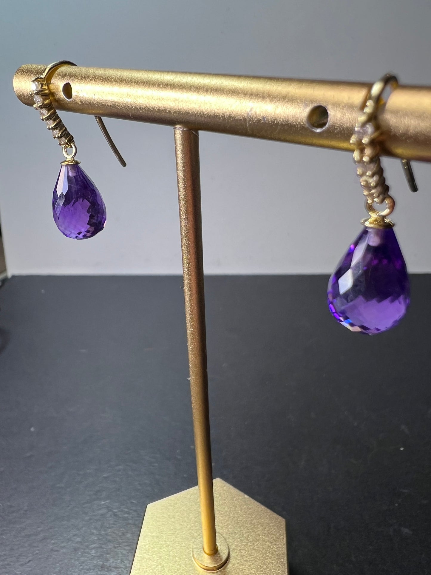 14k gold amethyst briolette and diamond dangle earrings