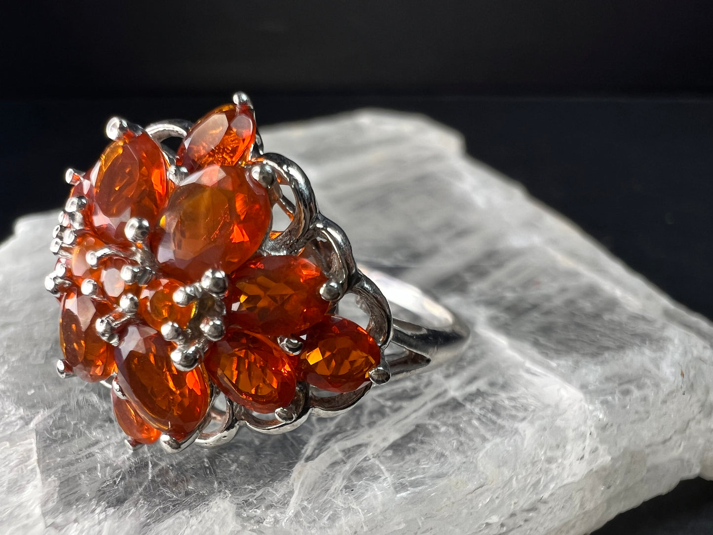 Vintage Sterling Silver Mexican Fire Opal Floral Cluster Ring Sz 9