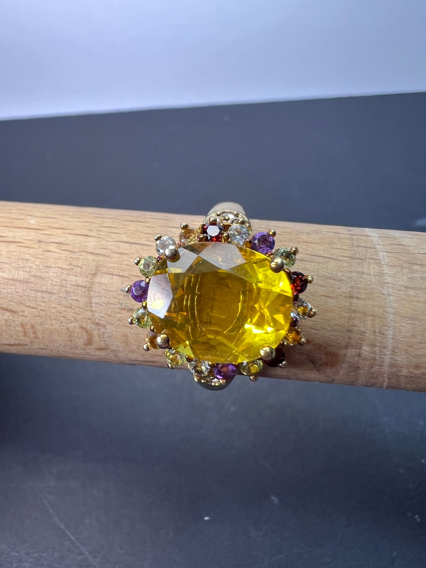 Yellow topaz multi stone gold over sterling silver halo cocktail ring size 8