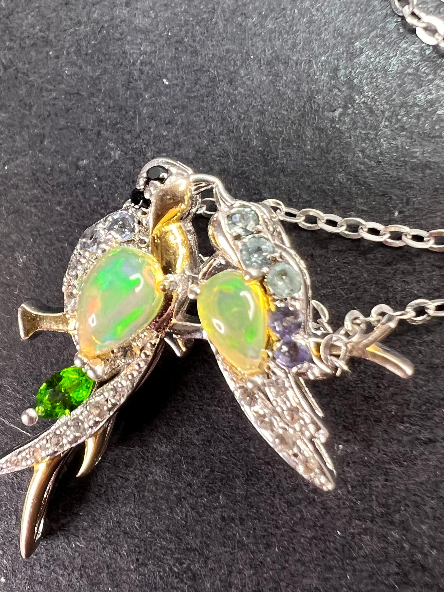 Ethiopian opal love birds multi gemstone two toned pendant and chain in gold and rhodium over sterling silver