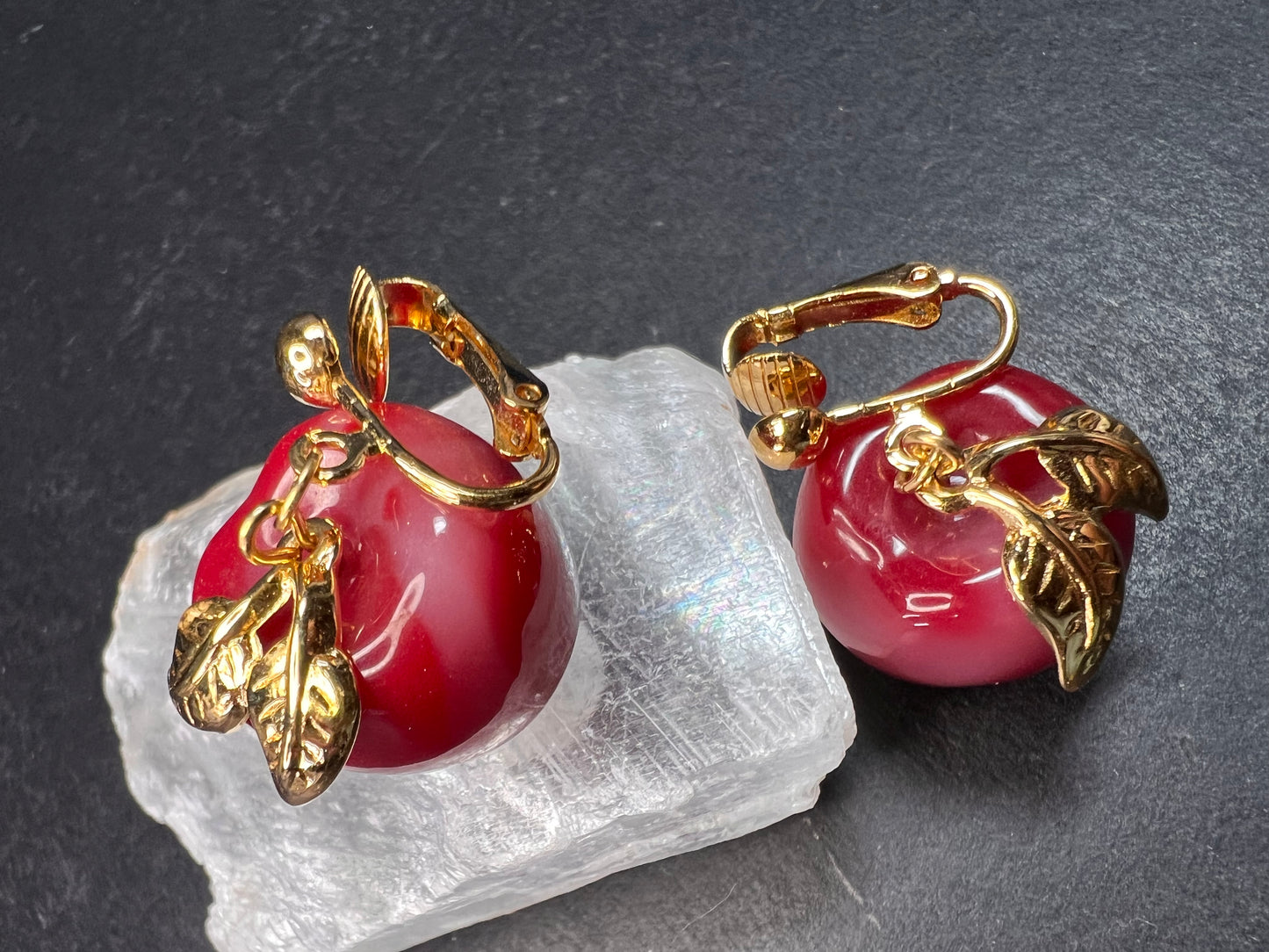 Avon "Apple A Day" Vintage Clip Earrings | Red Lucite Dangle Costume Jewelry