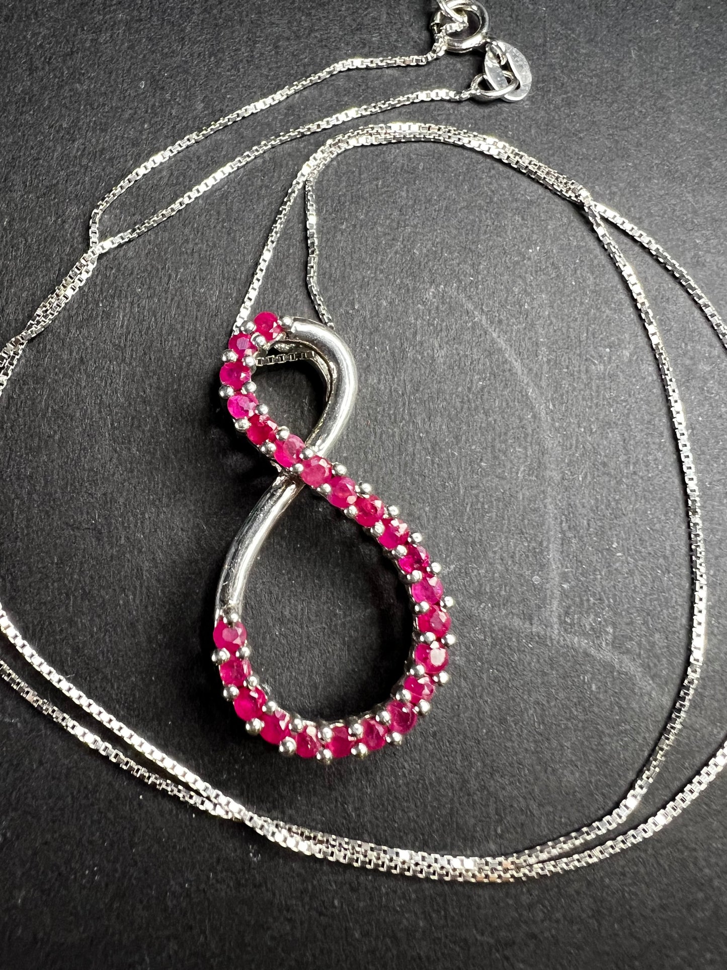 Vintage Ruby Infinity Pendant Necklace Sterling Silver 18” Chain