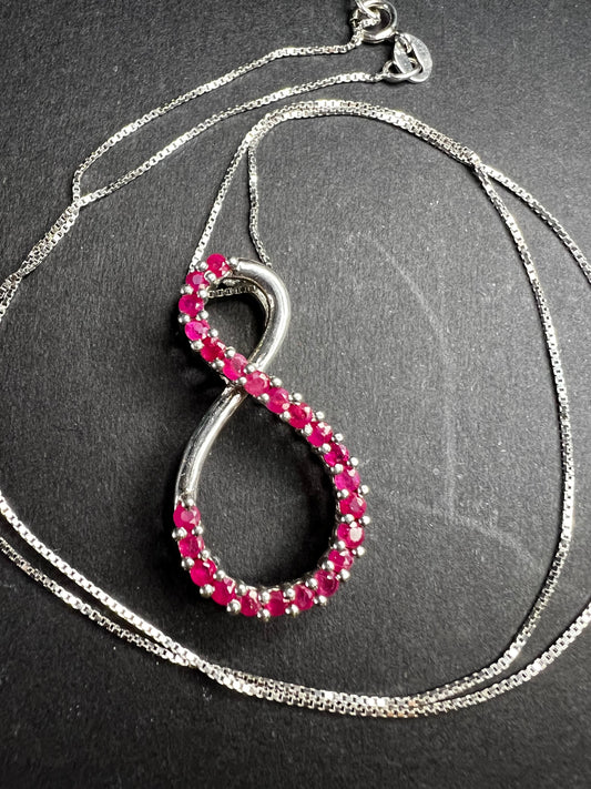 Vintage Ruby Infinity Pendant Necklace Sterling Silver 18” Chain