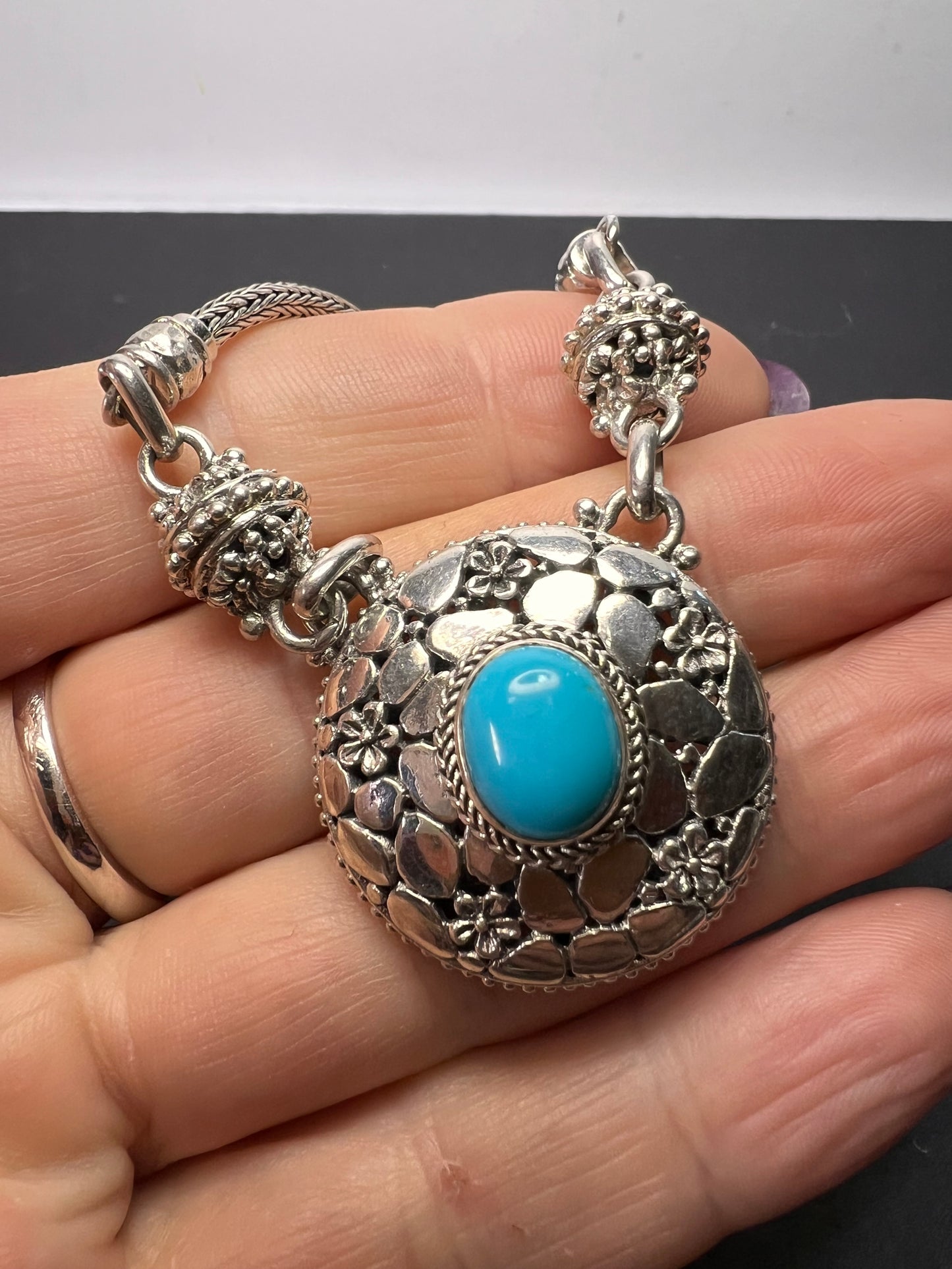 Sarda OOP Sleeping Beauty turquoise Sterling silver Byzantine station 2 clasp adjustable necklace 16-25 inches