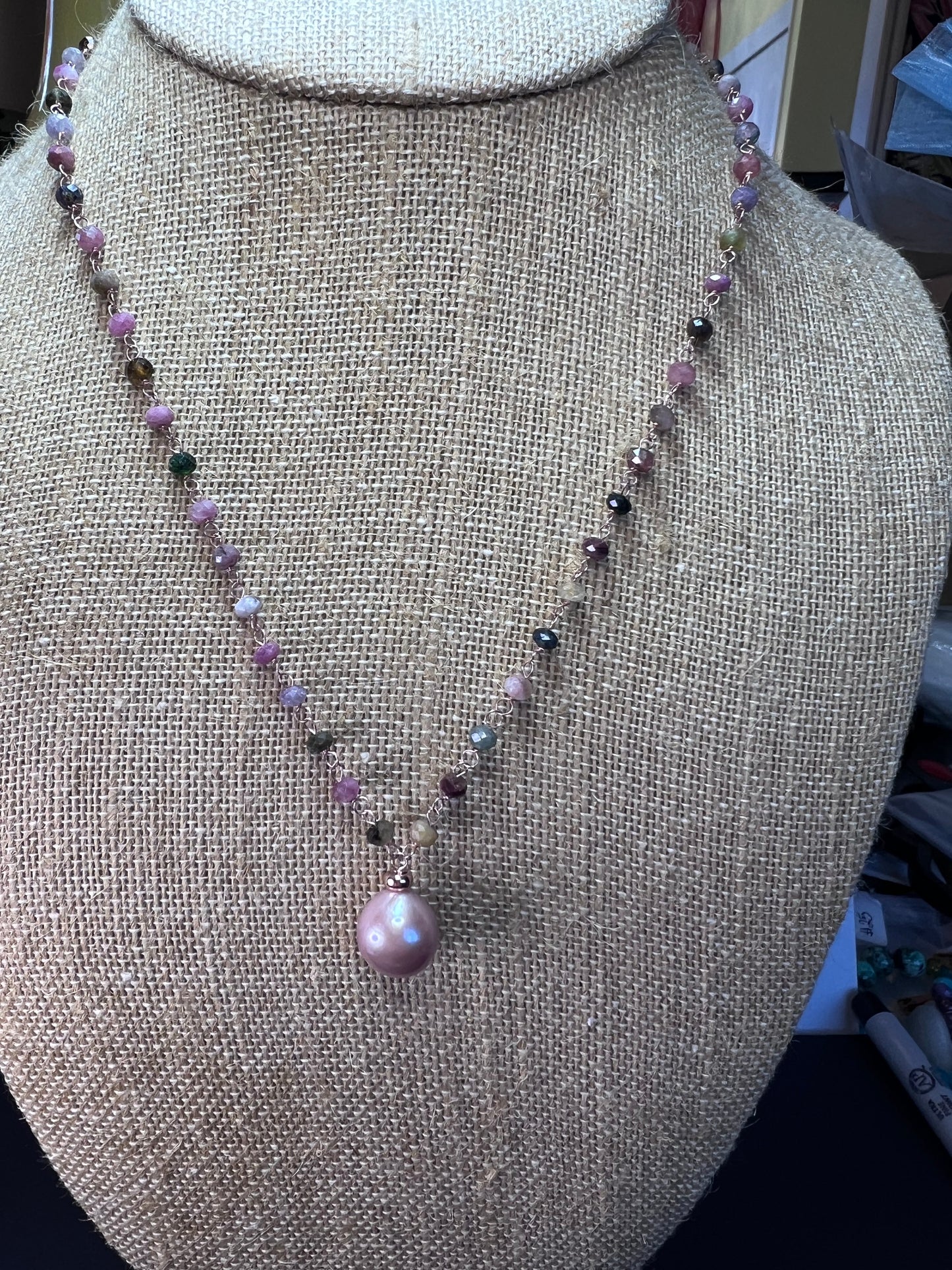 12-12.5mm Pink Cultured Freshwater Pearl & Tourmaline 18k Rose Gold Over Silver 18 Inch Necklace