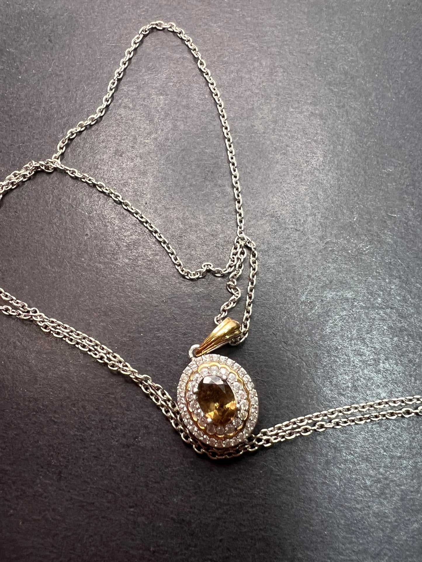 Golden tanzanite and zircon double halo two toned sterling silver pendant and chain necklace