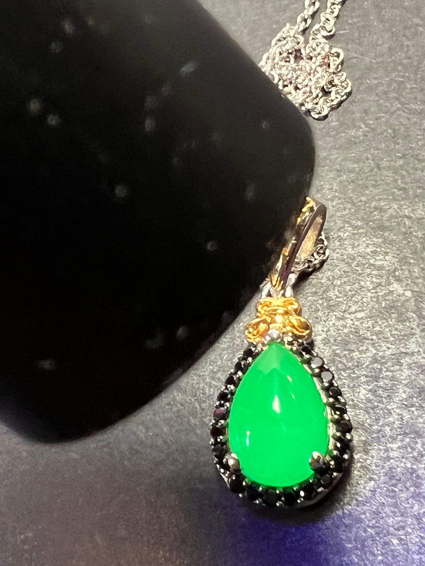 Green Jade and black spinel teardrop two toned sterling silver pendant and chain necklace