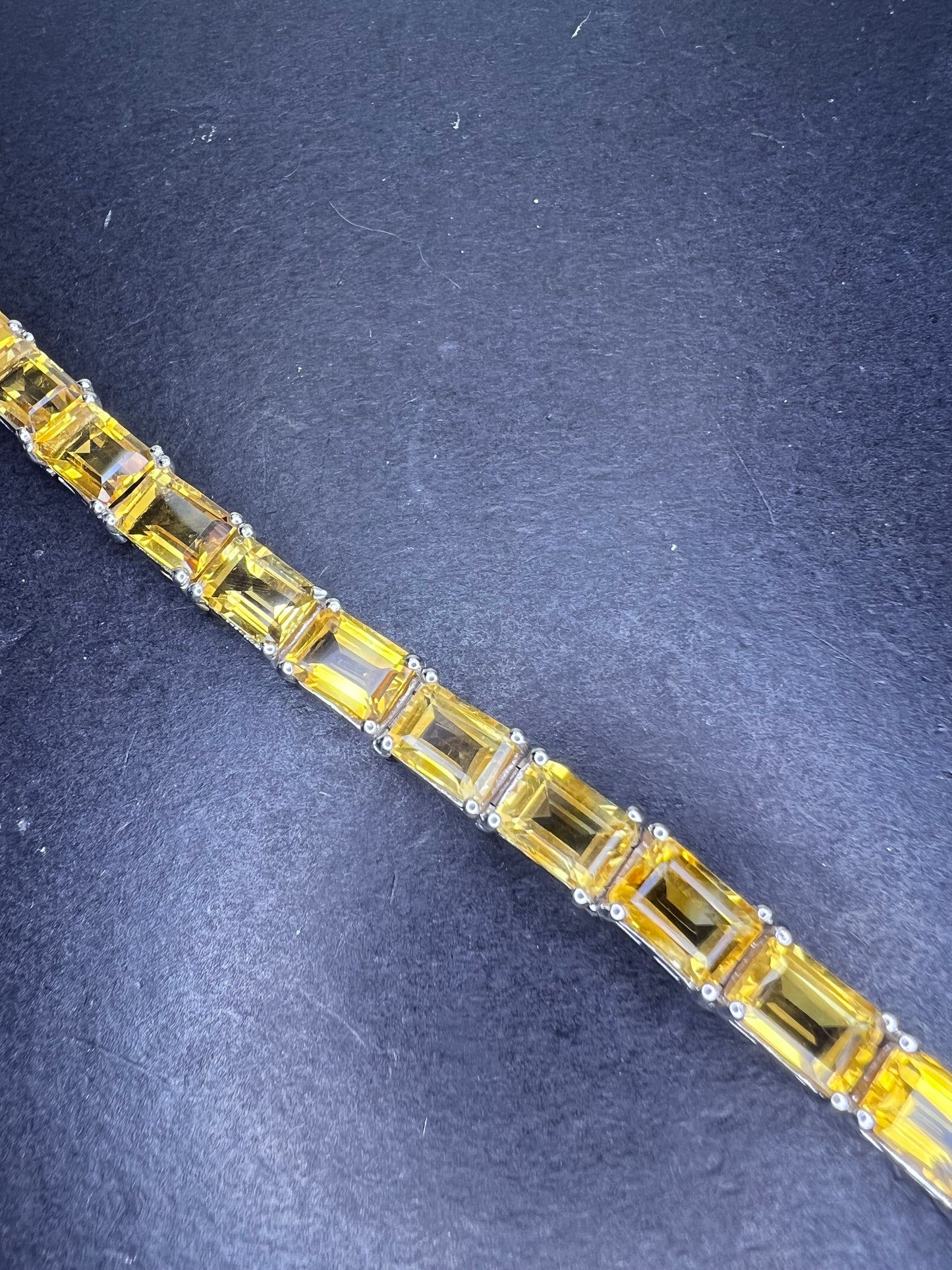 New emerald cut yellow citrine tennis bracelet in rhodium over sterling