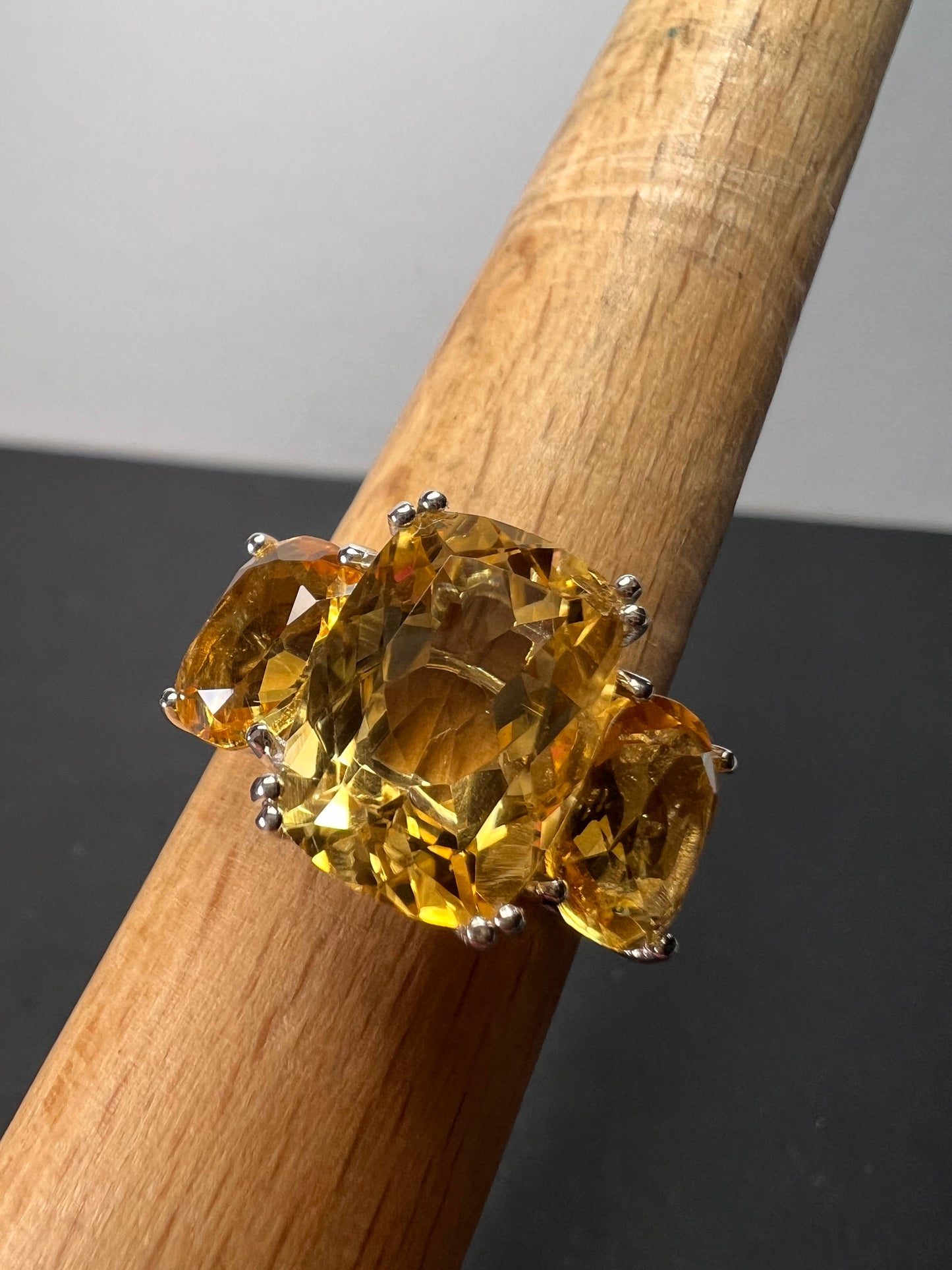 Brand new Brazilian citrine and white zircon 10.20 trilogy ring in platinum over sterling silver size 9