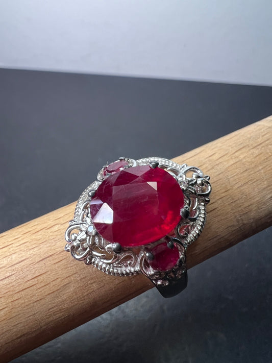 Ruby and white topaz sterling silver cocktail ring size 9