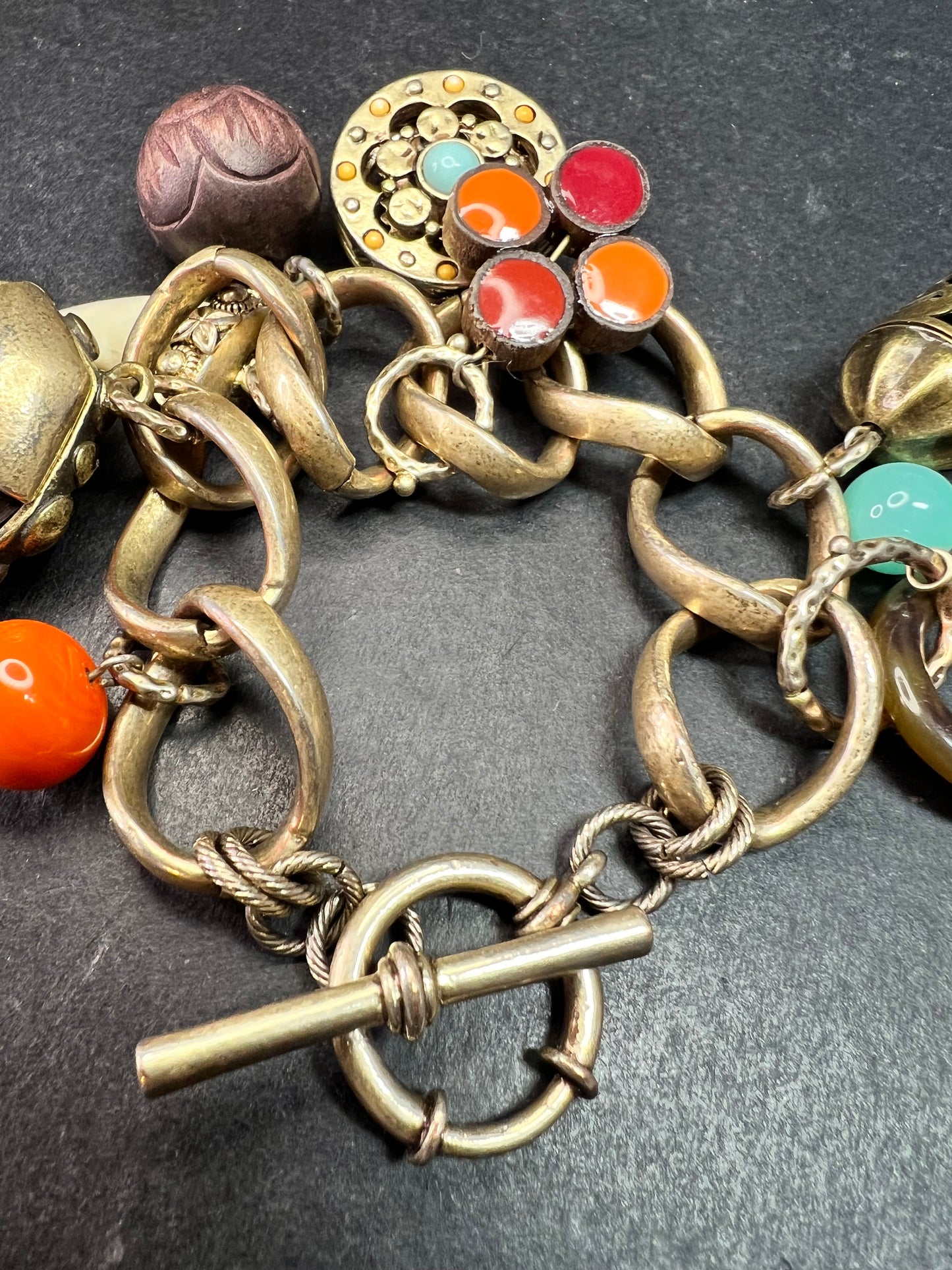 Vintage Charm Bracelet Brass Tone Glass Beads Chunky Statement 8 Inch