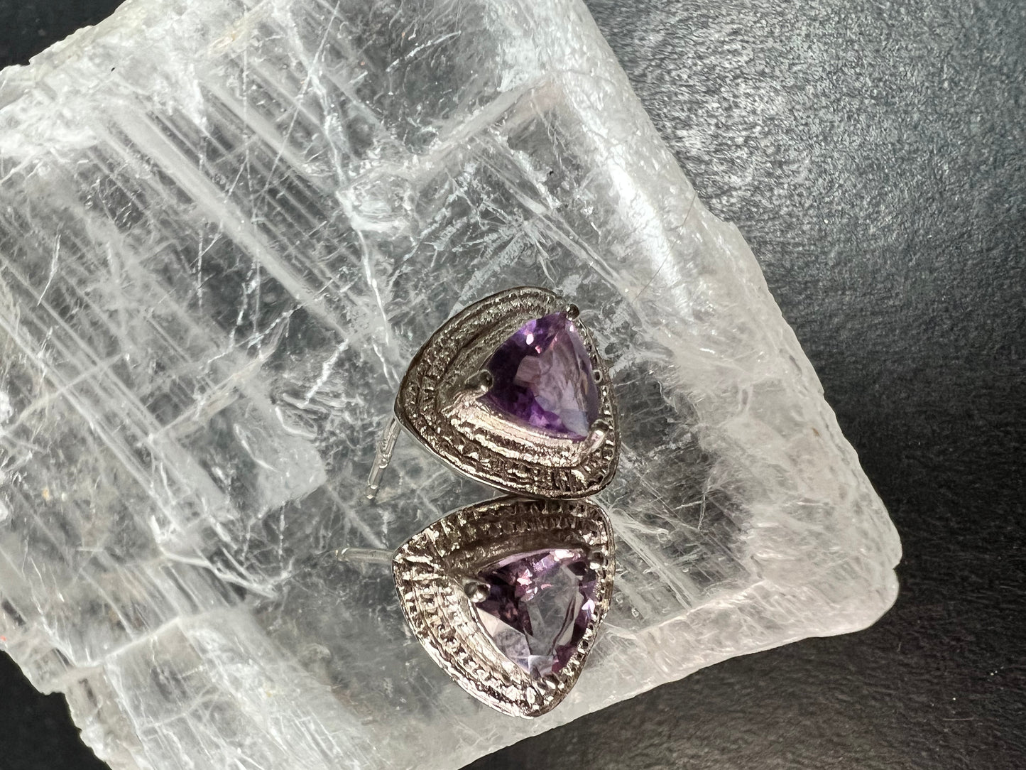 New Sterling Silver Trillion Amethyst Studs w Diamond Accents