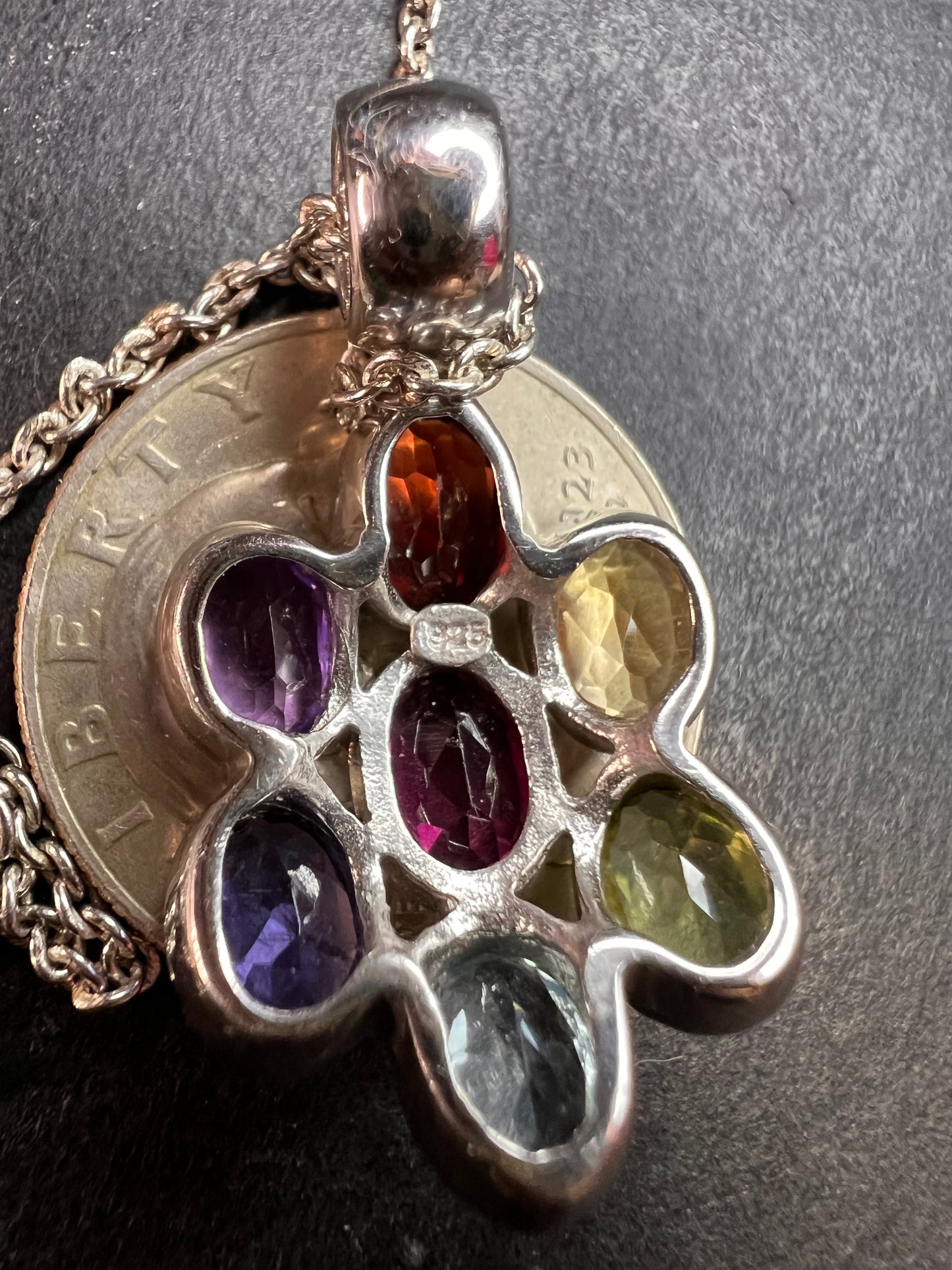 Vintage multi gemstone cluster pendant necklace in sterling silver