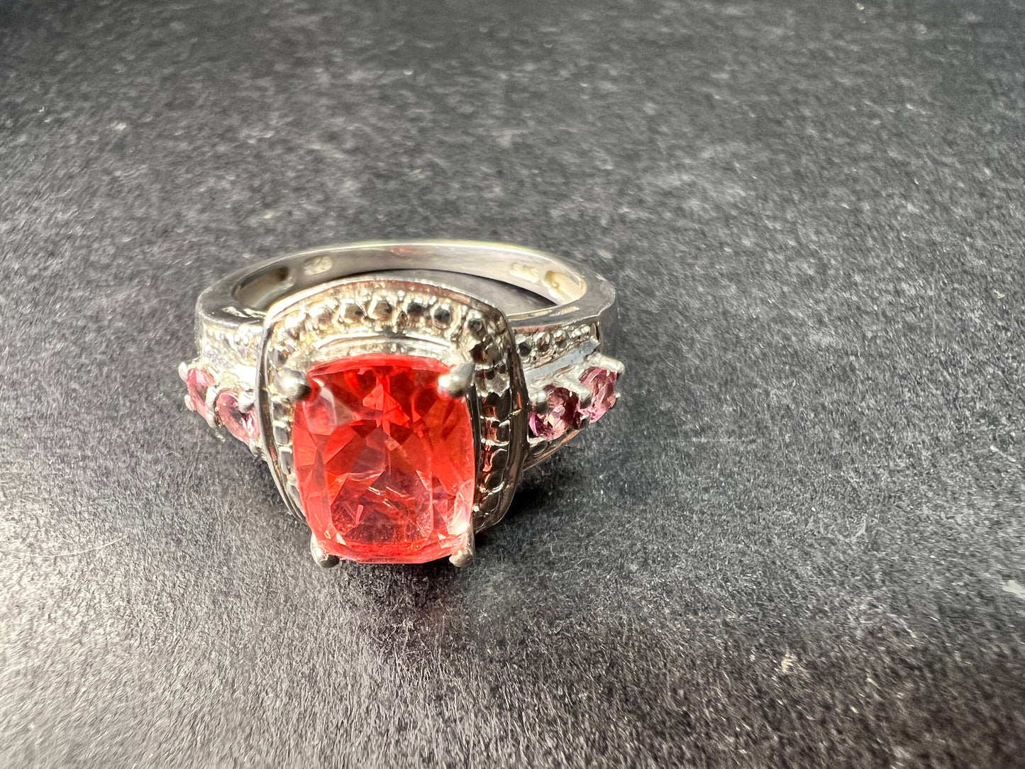 Sterling Silver Peach Red Quartz Doublet & Pink Tourmaline Ring 8.75