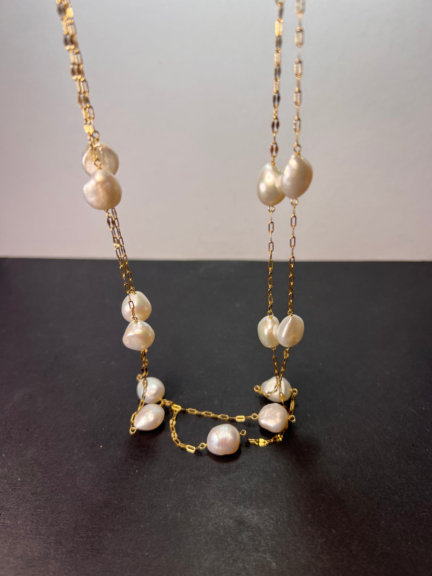 10.5-11mm white cultured freshwater pearl double strand station necklace in 18k yellow gold over sterling silver