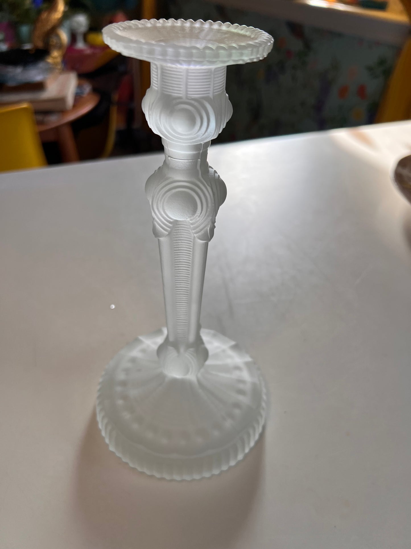 Vintage Frosted Glass Candlestick | Lalique Style Art Deco Taper Holder 6.75"