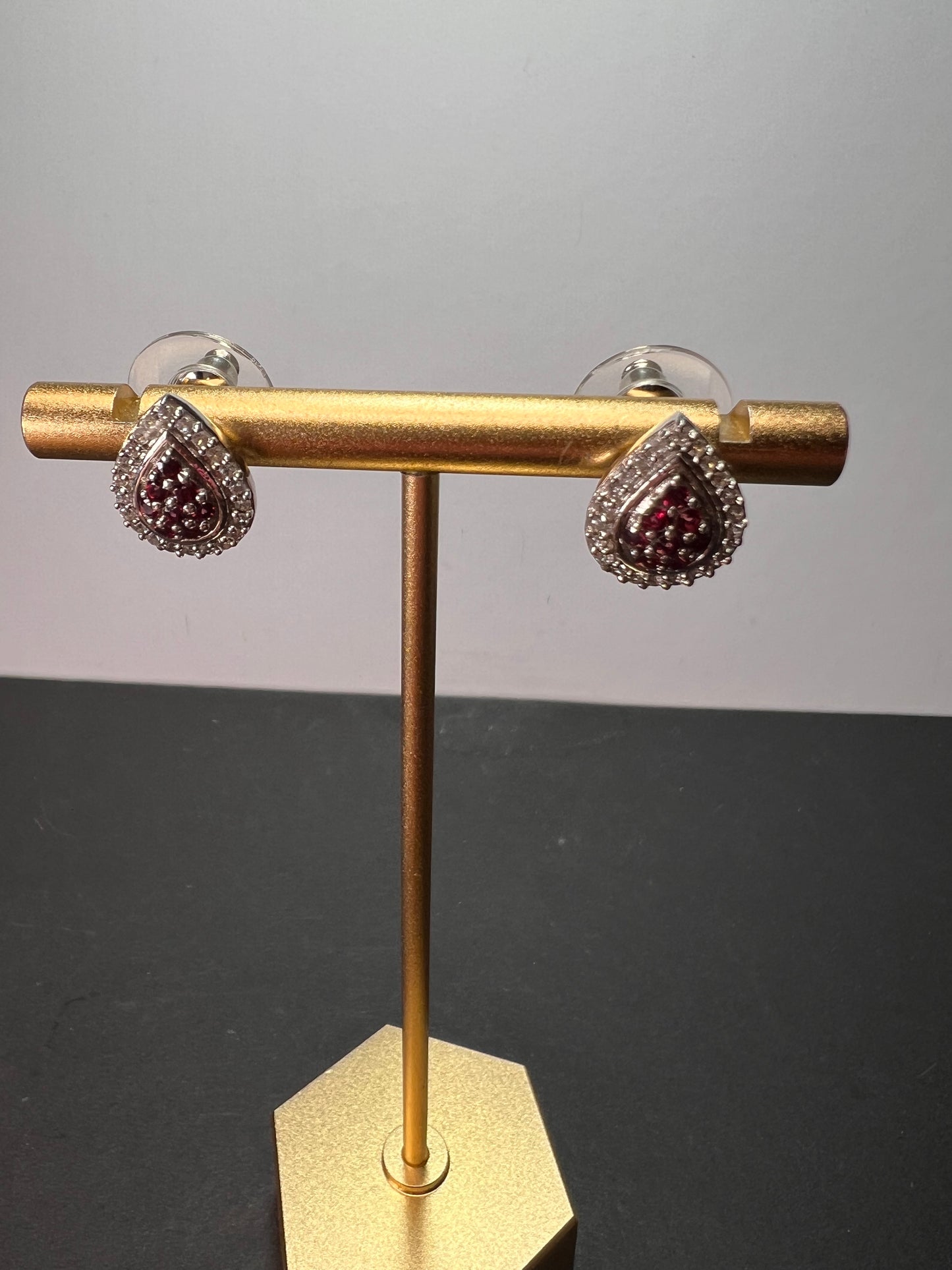 Red garnet and white topaz teardrop sterling silver post halo earrings