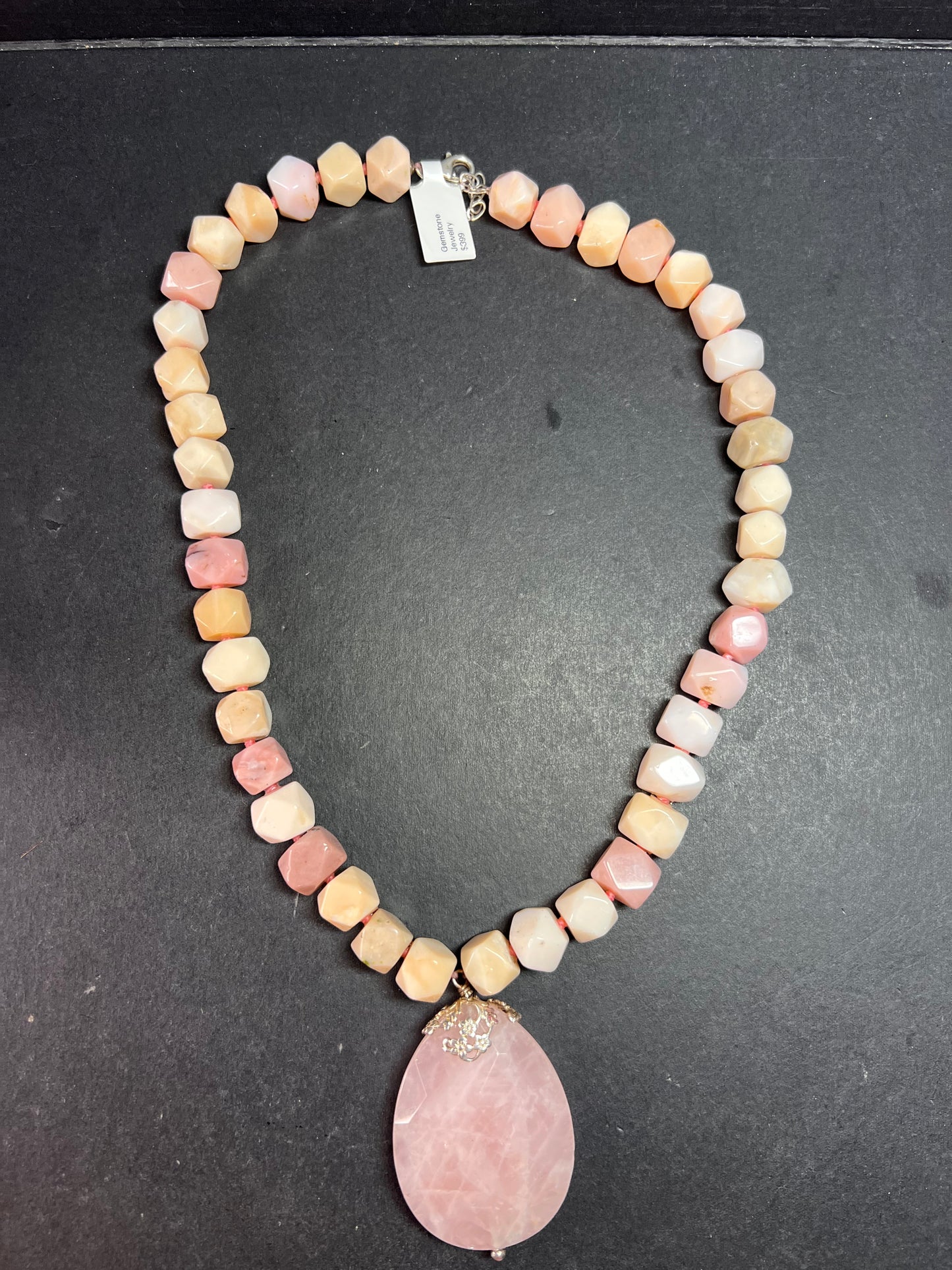 NEW pink opal and rose quartz Sterling silver necklace