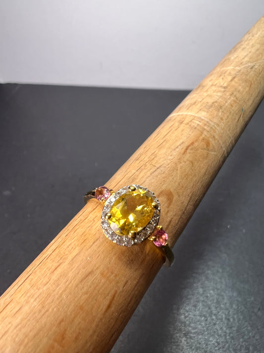 Heliodor and rubellite halo ring in vermeil yellow gold over sterling silver size 9 *NEW*