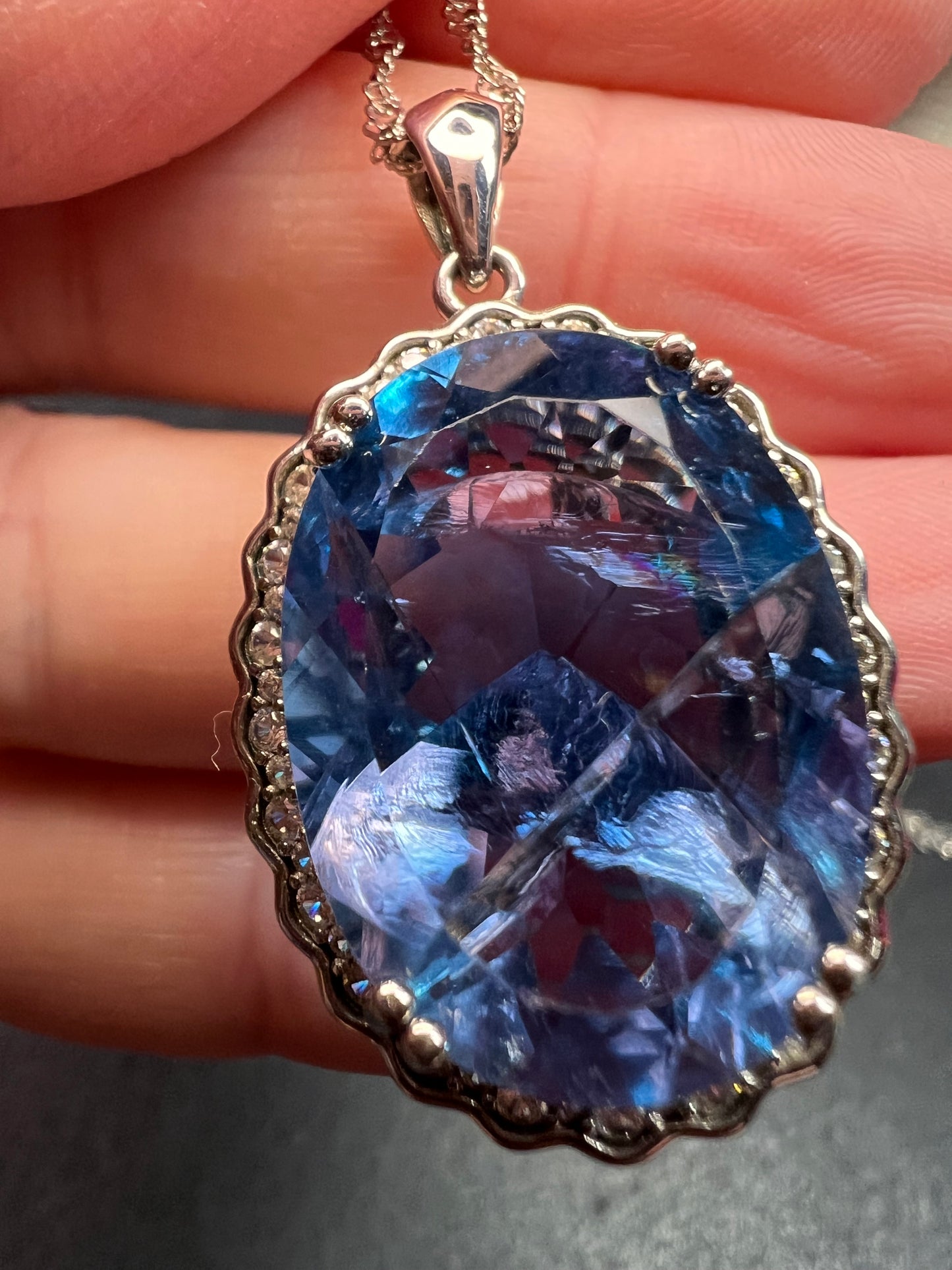 Blue Color-Change Fluorite Pendant in Rhodium Over Sterling Silver with Chain