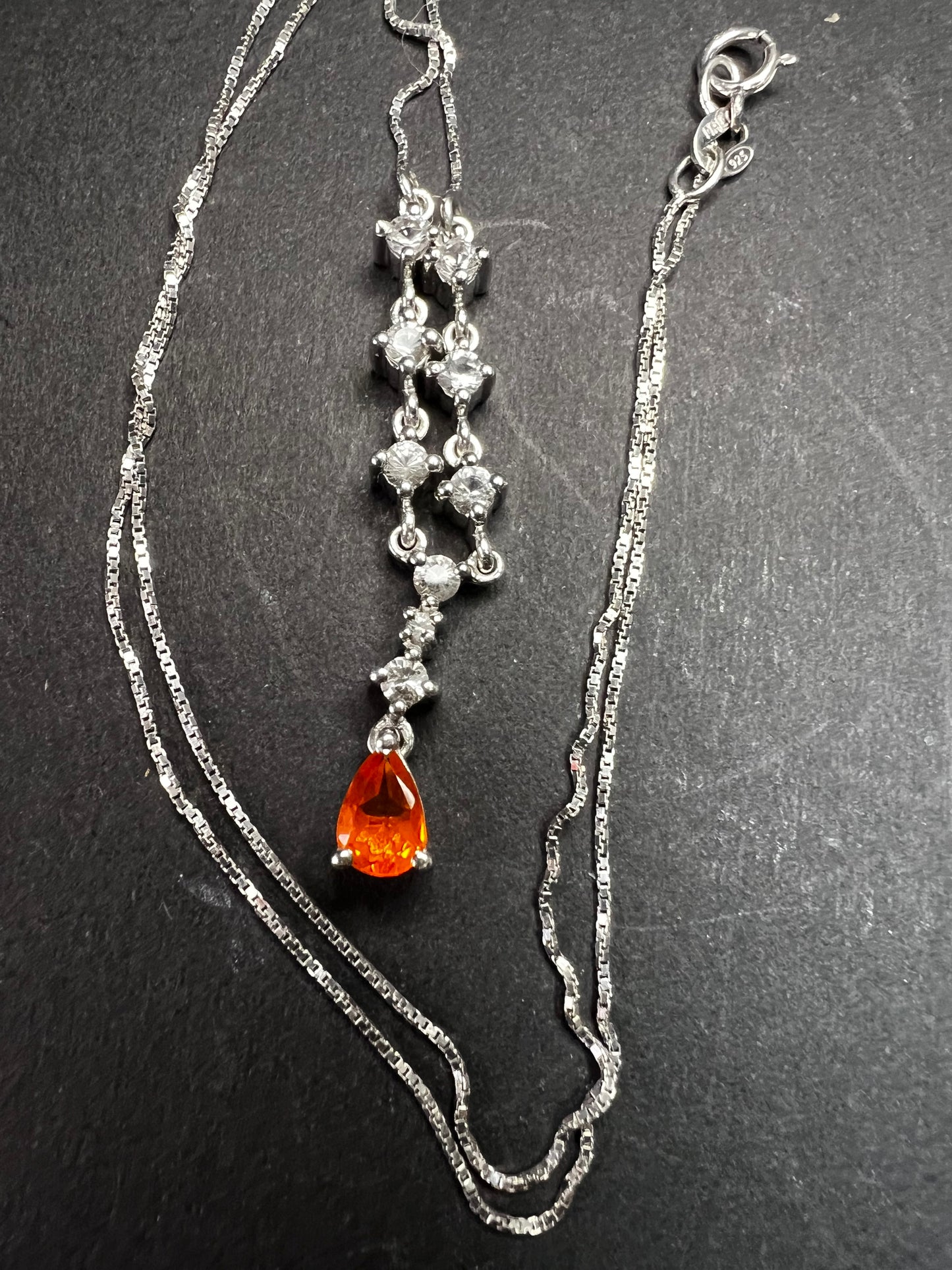 Vintage Sterling Silver Mexican Fire Opal & White Topaz Y Necklace