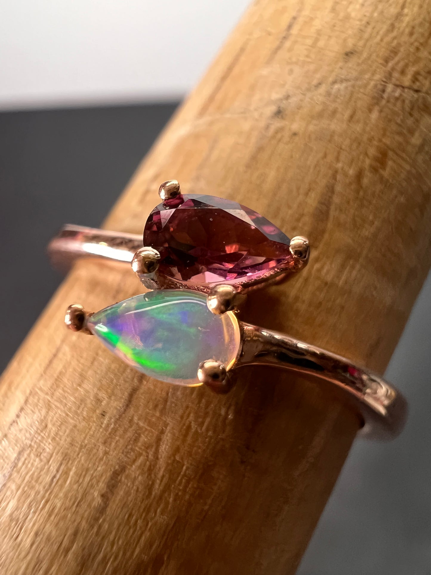 Rubellite and Ethiopian welo opal bypass ring in rose gold vermeil over sterling silver size 7. .35ctw