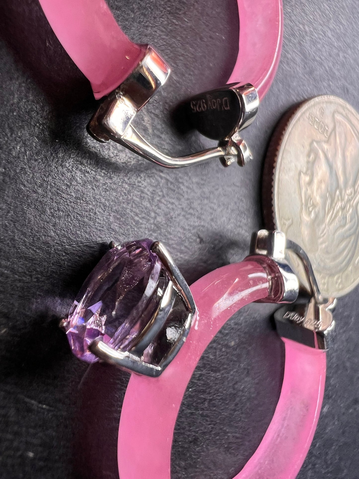 NEW Pink Jade and rose de France amethyst hoop earrings in rhodium over sterling silver