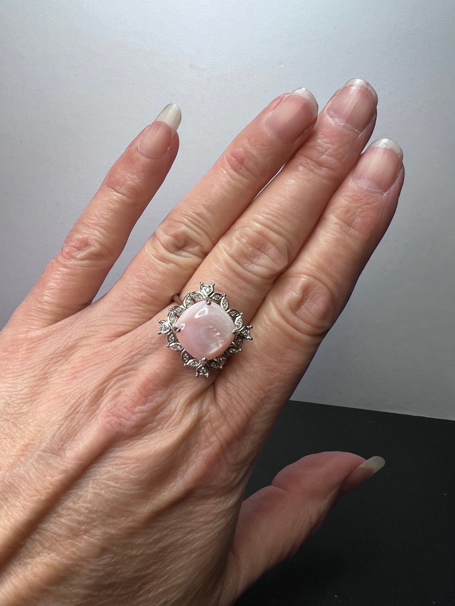 Pink Mother-of-Pearl With White Zircon Rhodium Over Sterling Silver Ring size 8