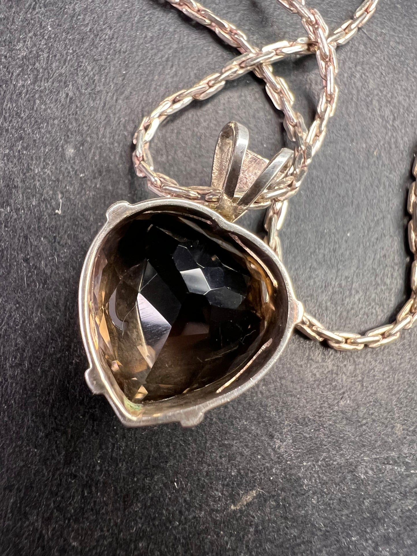 Vintage Smoky Quartz Heart Pendant Necklace Sterling Silver 20”