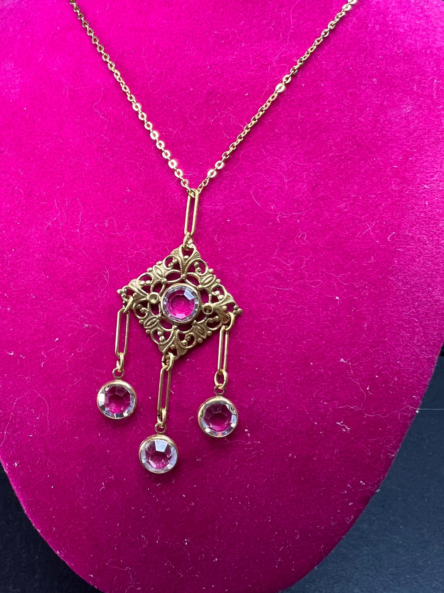 Vintage Victorian Revival Gold Tone Filigree Chandelier Necklace w/ Rivoli Glass