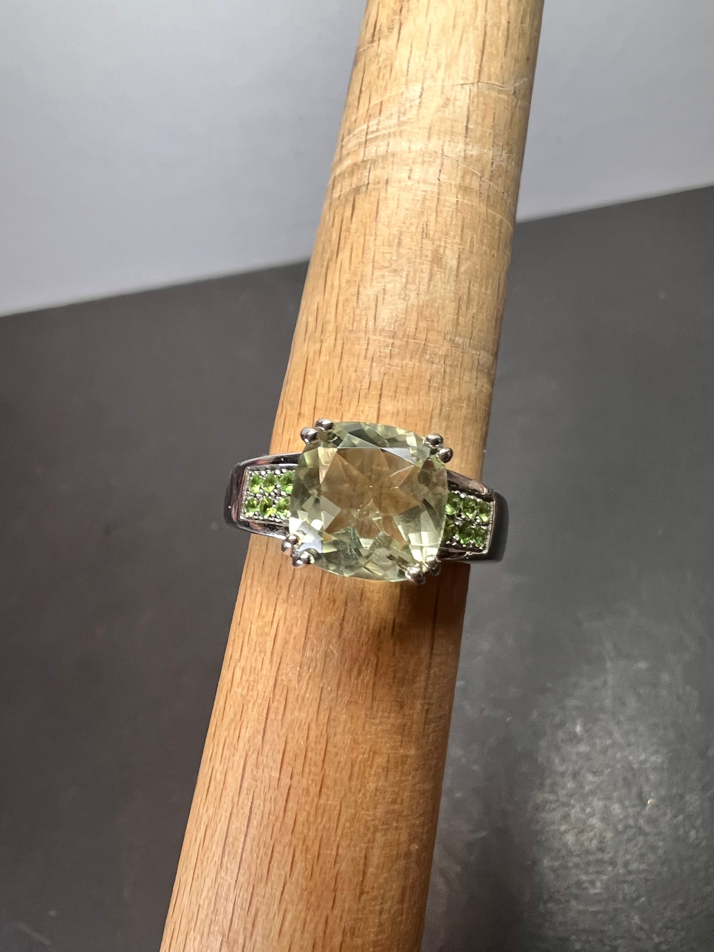 Green Prasiolite and tsavorite green garnet Rhodium Over Sterling Silver Ring 3.28ctw size 9