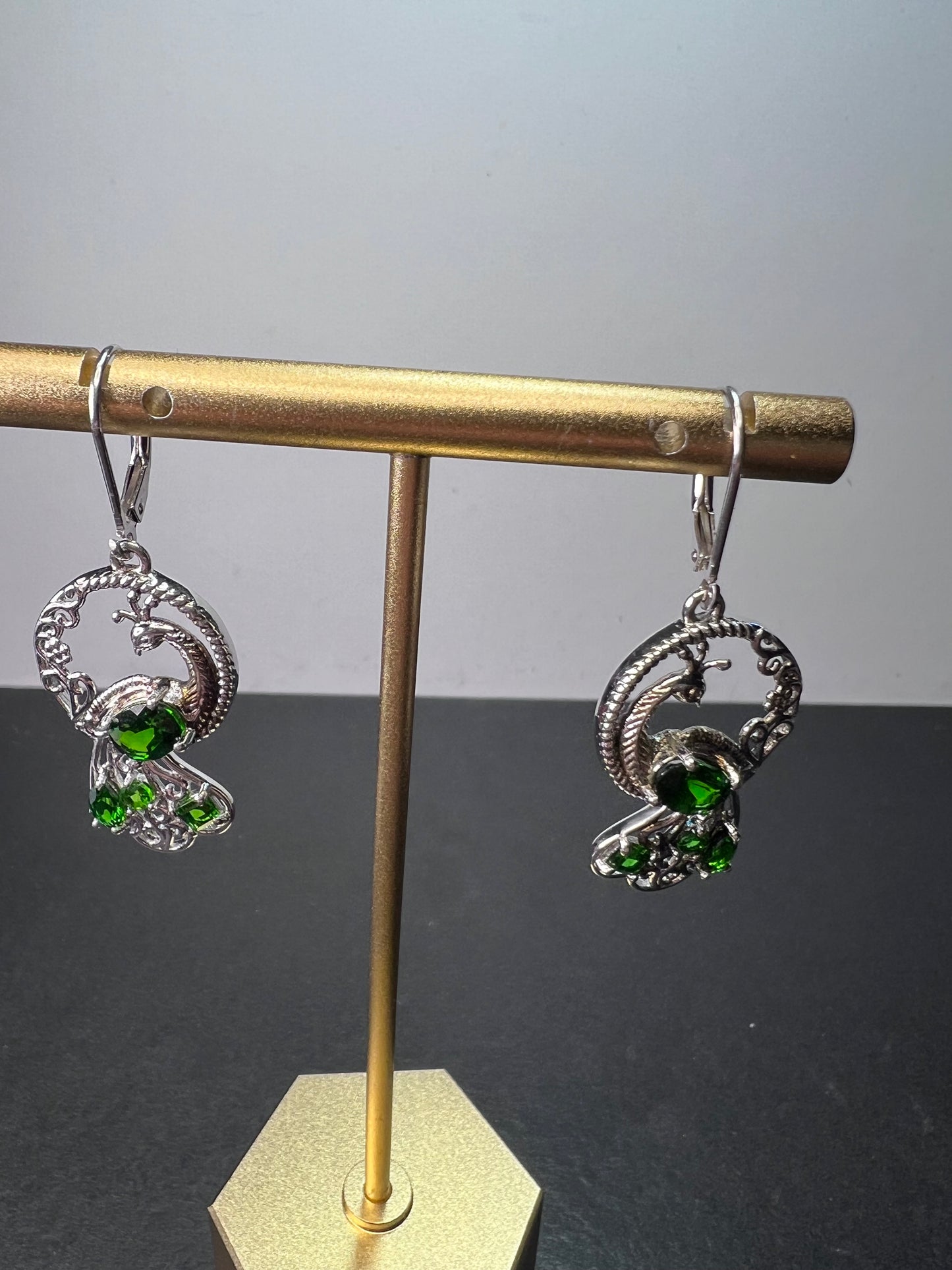 Chrome diopside sterling silver peacock dangle earrings