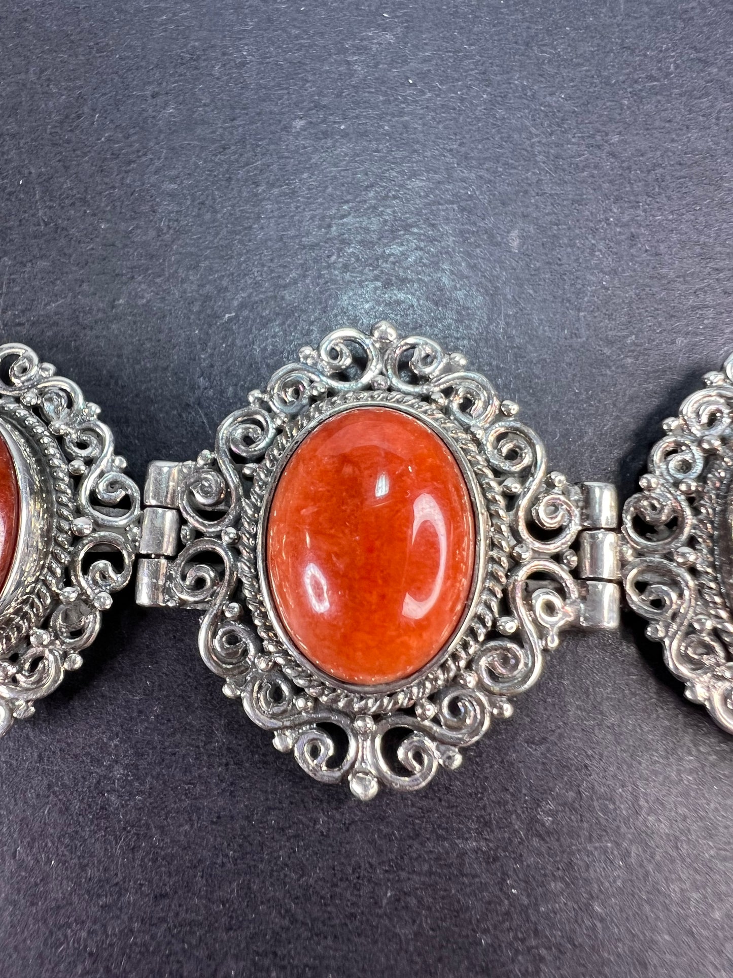 Red orange jade ornate sterling silver toggle bracelet