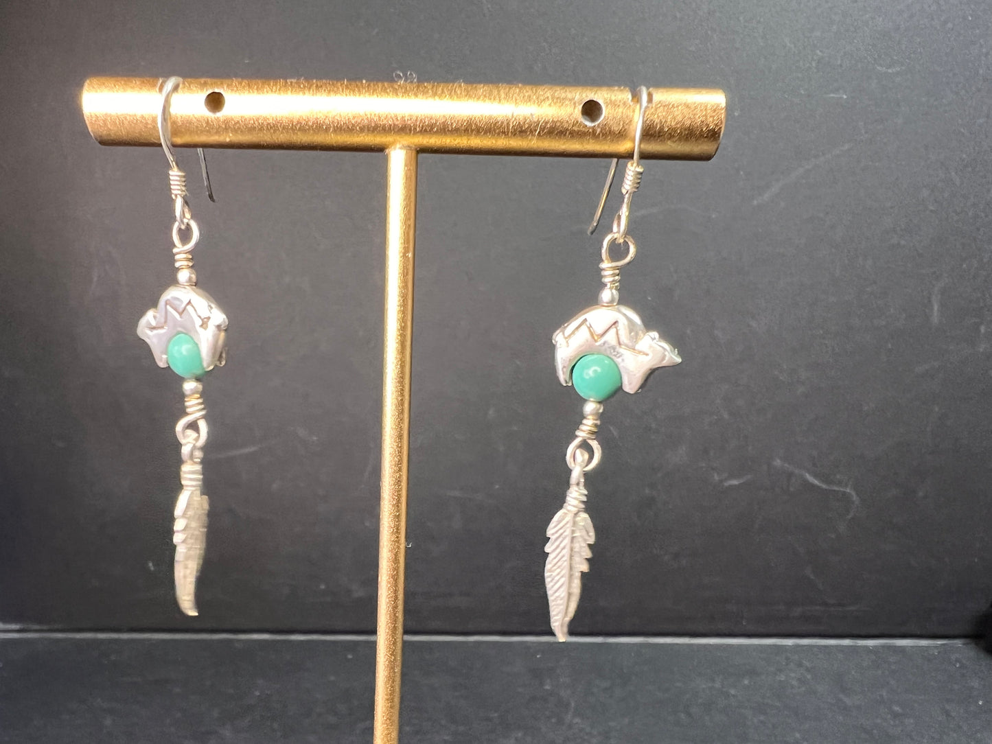 Vintage Sterling Silver Turquoise Earrings – Bear & Feather Motif
