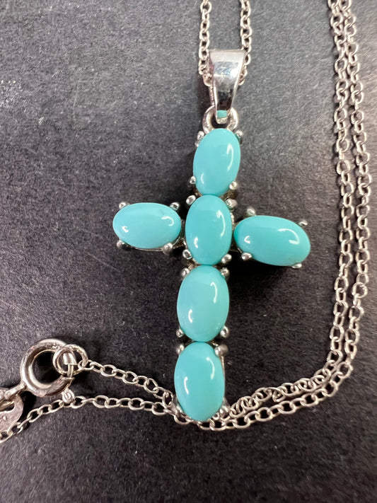 Sleeping Beauty turquoise cross pendant and chain  in rhodium over sterling silver necklace