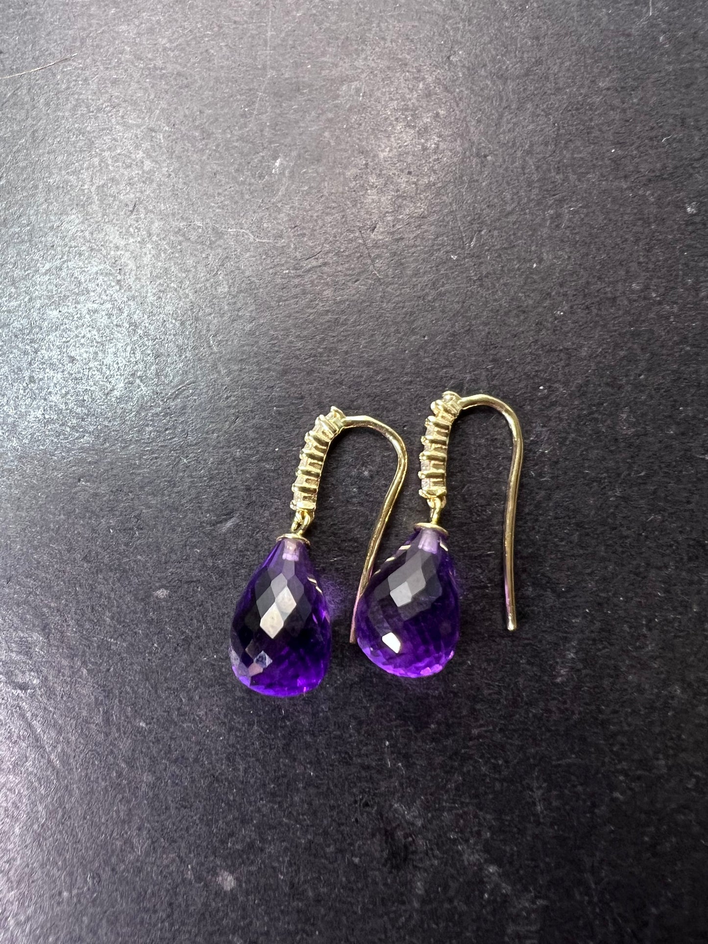 14k gold amethyst briolette and diamond dangle earrings