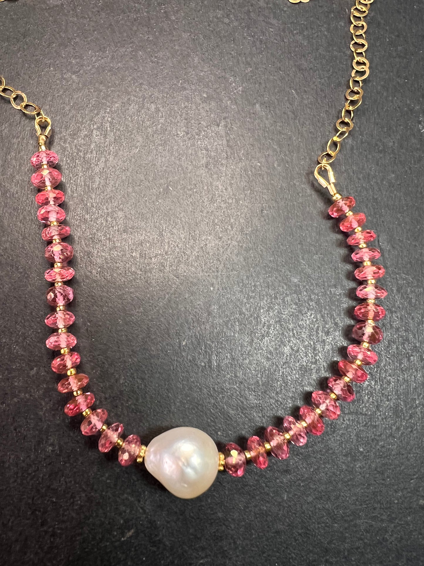 Gold Filled Necklace with Baroque Pearl and Pink Faceted Gemstone Beads
