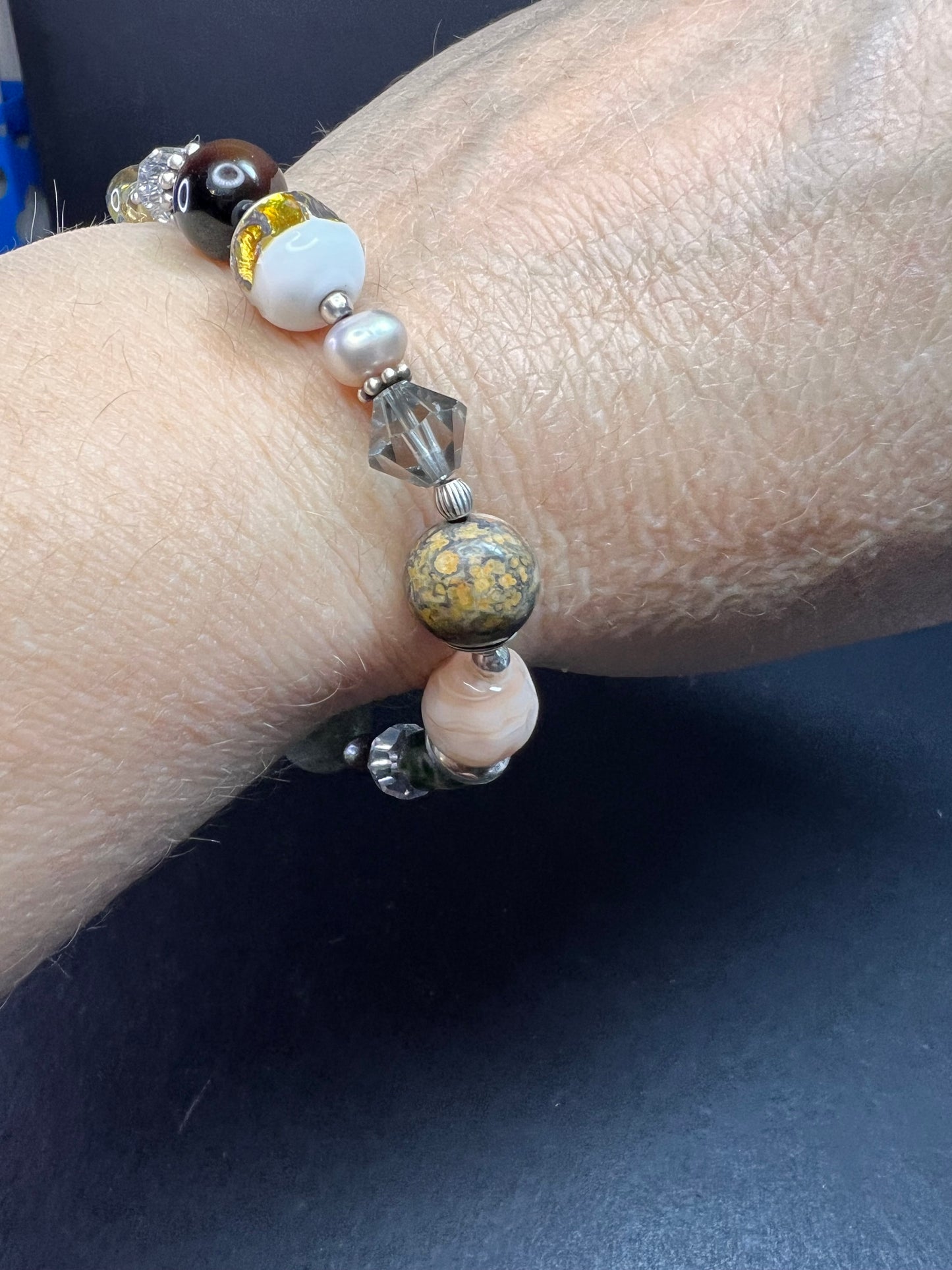 Vintage sterling silver, semi precious stones and glass toggle 8 inch bracelet