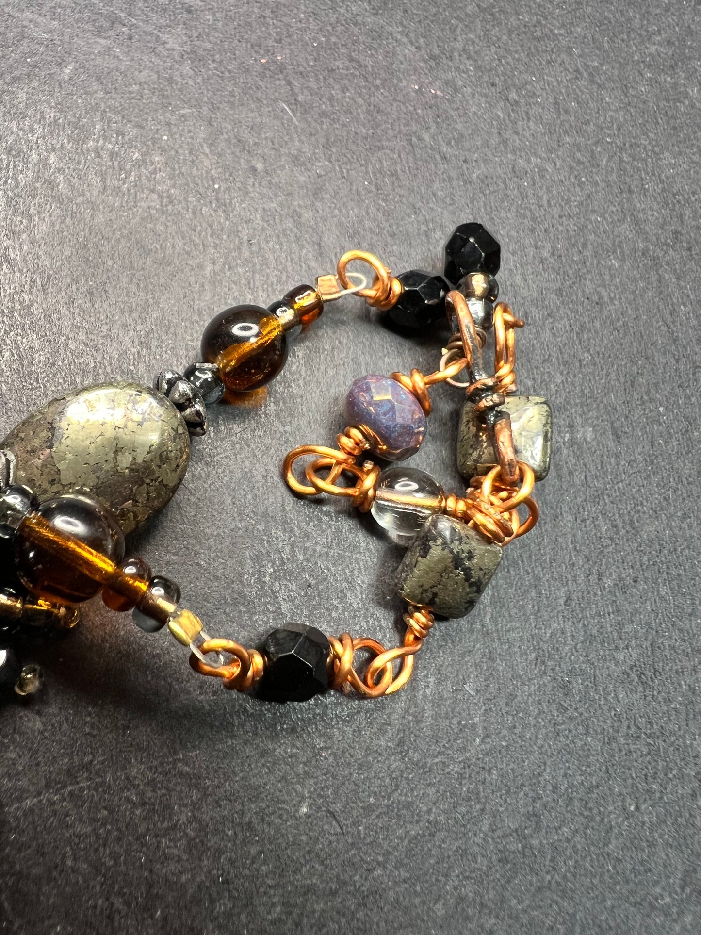 Artisan Copper Wire Necklace Glass Onyx Pyrite Amber Pearl 17”