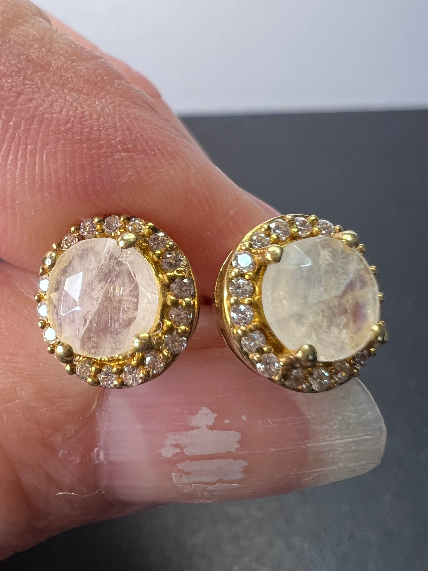 Rainbow moonstone halo stud gold over silver earrings